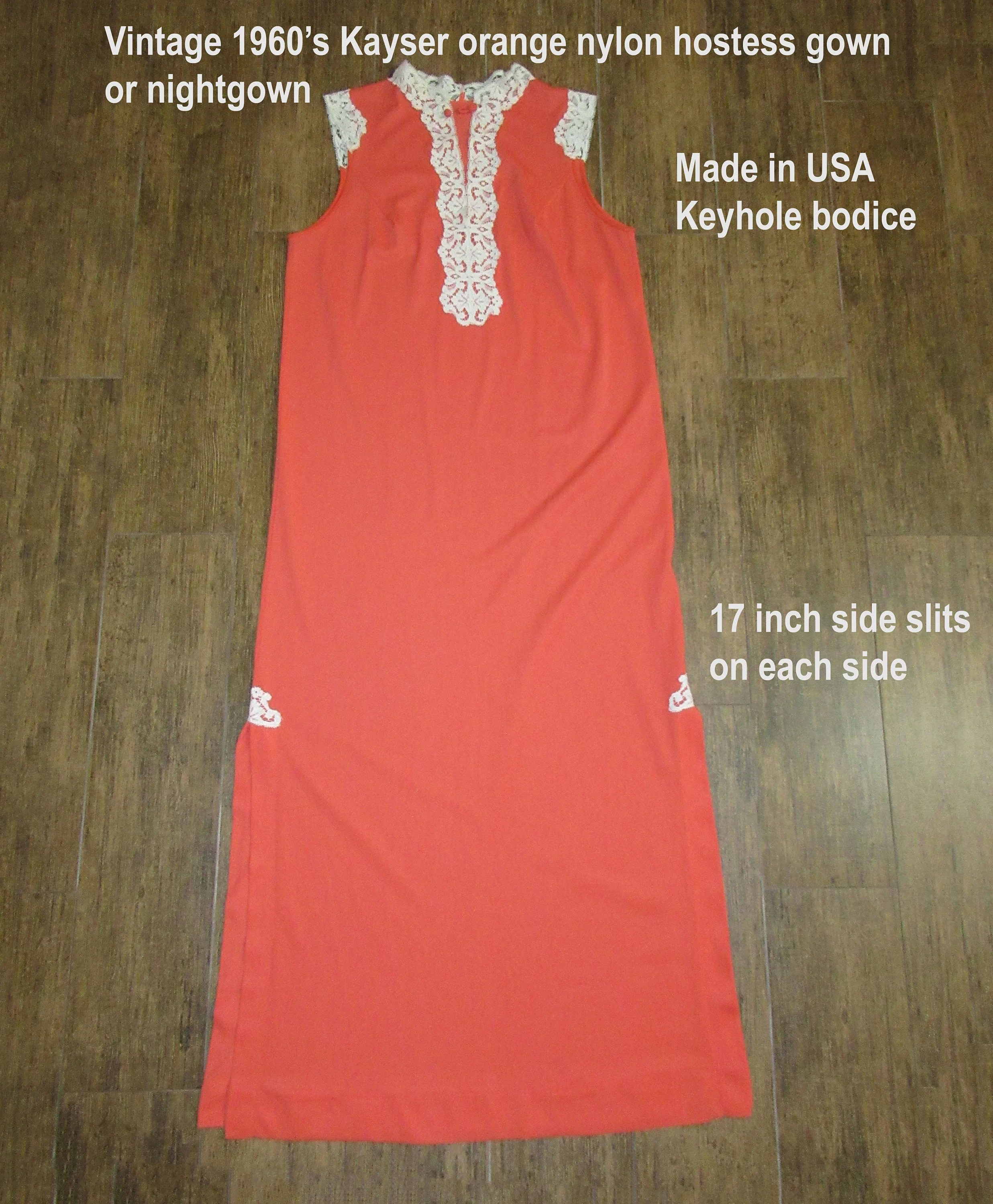 Kayser Gown Nightgown Orange Nylon Style Beige Lace Keyhole Bodice Side Slit Unique by Kayser - Image 5