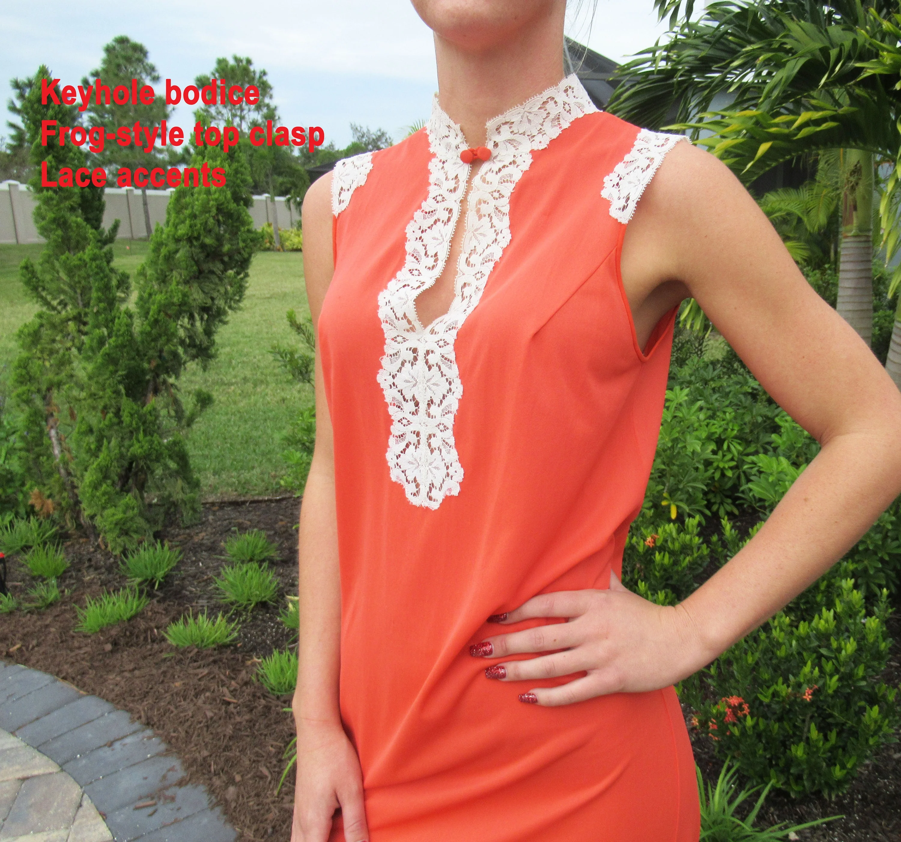 Kayser Gown Nightgown Orange Nylon Style Beige Lace Keyhole Bodice Side Slit Unique by Kayser - Image 7