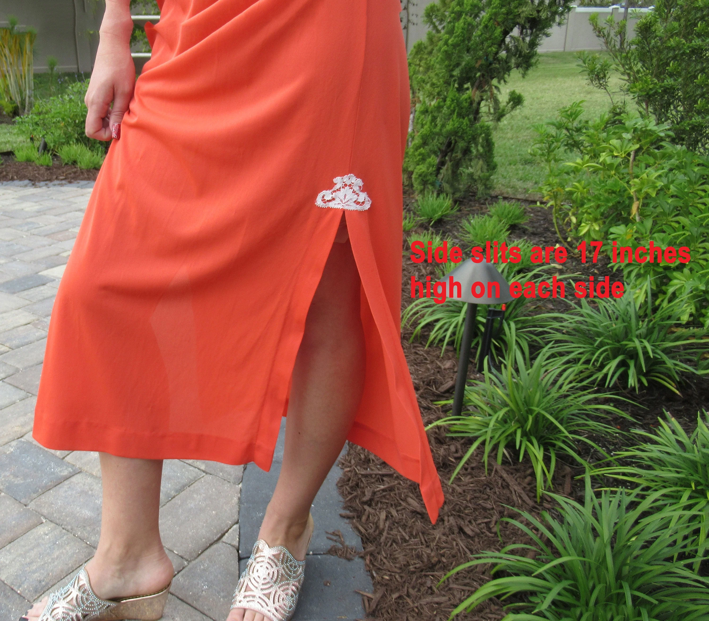 Kayser Gown Nightgown Orange Nylon Style Beige Lace Keyhole Bodice Side Slit Unique by Kayser - Image 8