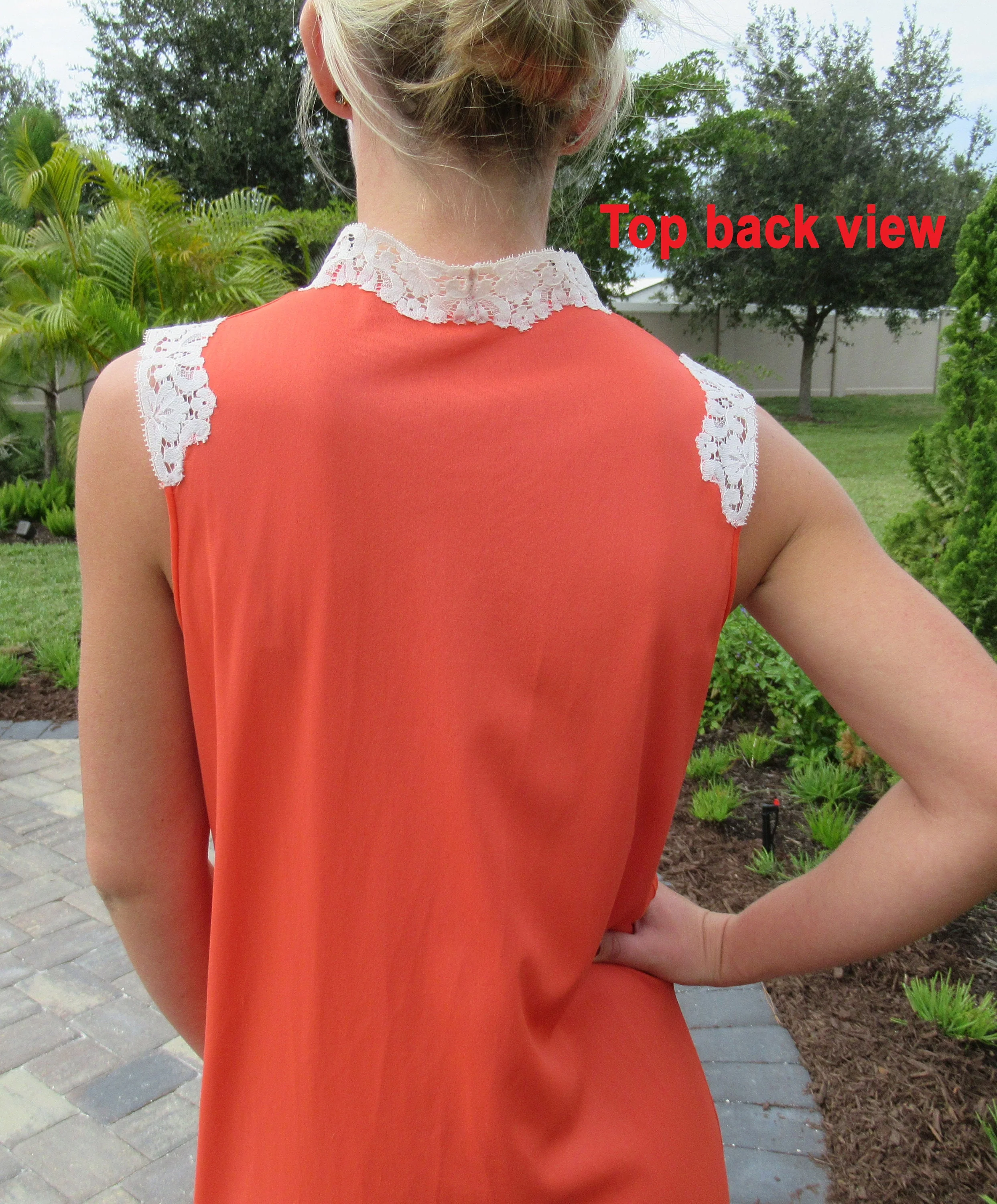 Kayser Gown Nightgown Orange Nylon Style Beige Lace Keyhole Bodice Side Slit Unique by Kayser - Image 9