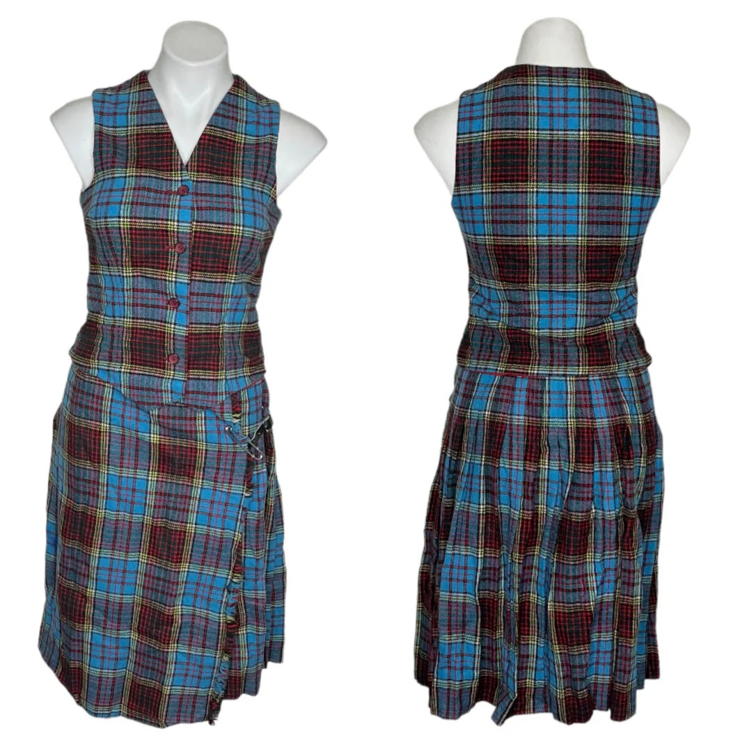 Kilt Plaid Wrap Wool Skirt Vest Set Blue Red By Moffet Scotland - Image 10