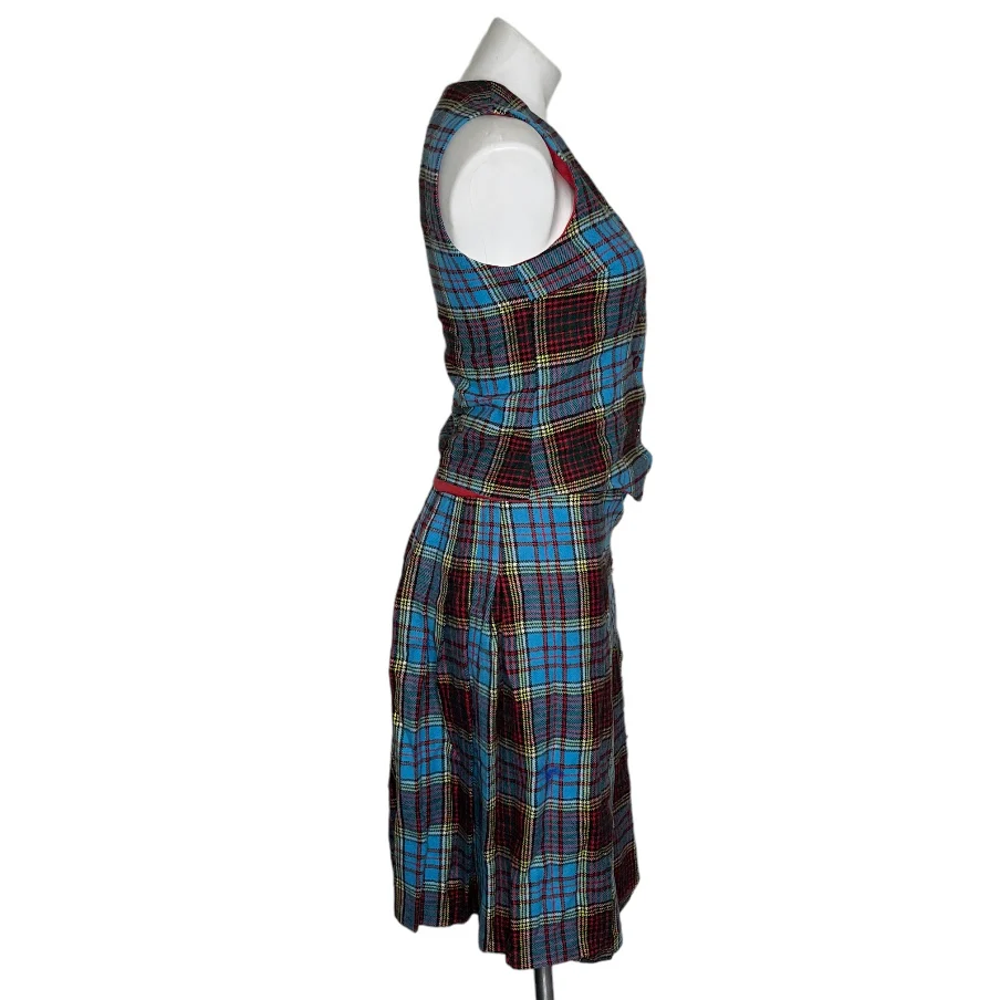 Kilt Plaid Wrap Wool Skirt Vest Set Blue Red By Moffet Scotland - Image 3