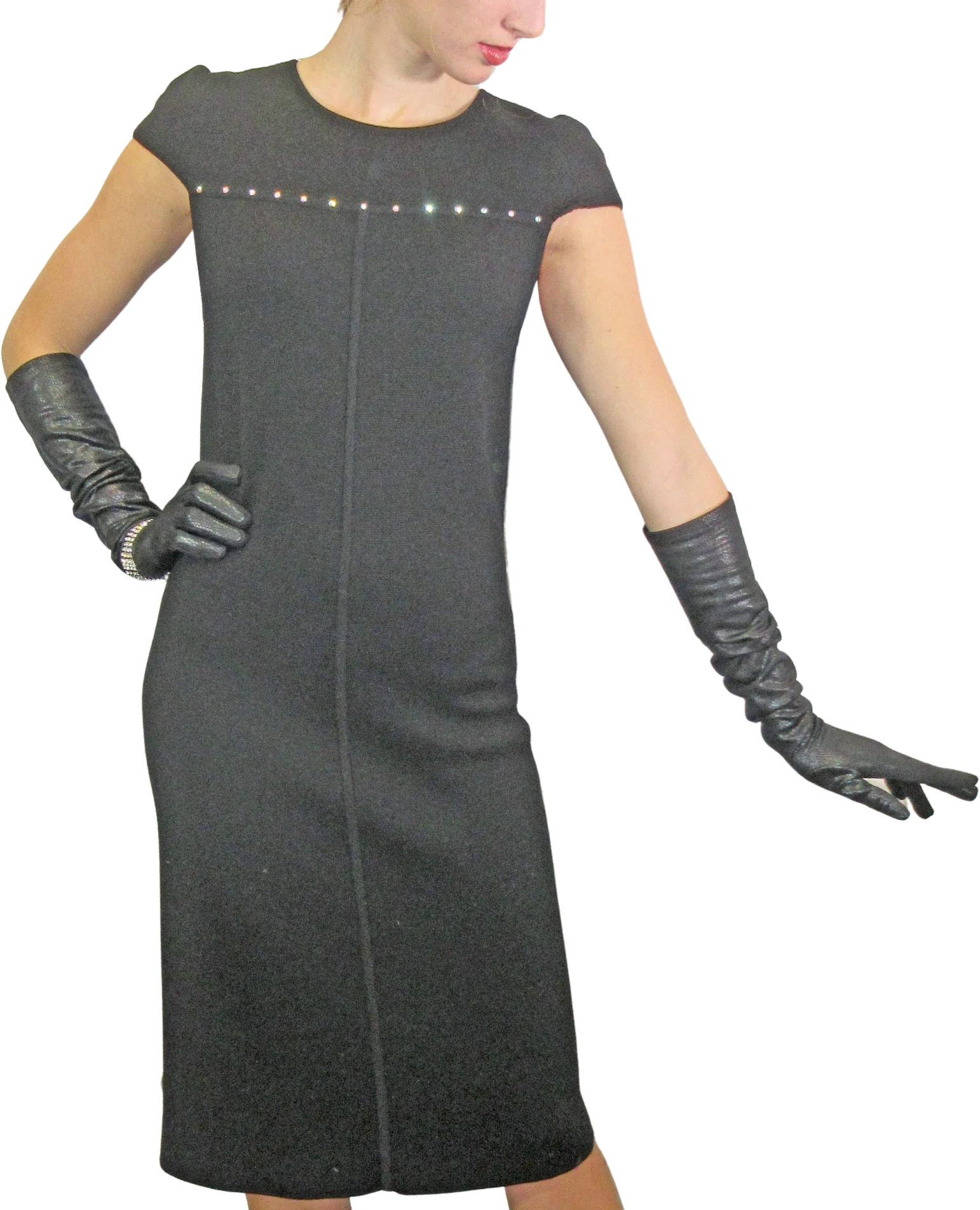 Knit 32 - 36 Bust Dress Cap Sleeves Black with Clear Sequin Front Yoke Trim Made In Hong Kong Washable Wool 80s Vtg by Adrienne Vittadini