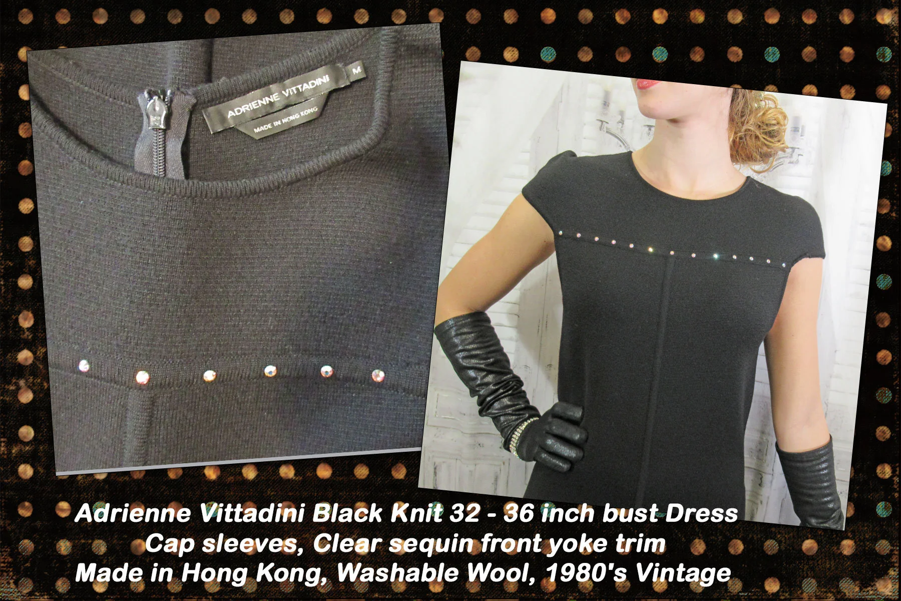 Knit 32 - 36 Bust Dress Cap Sleeves Black with Clear Sequin Front Yoke Trim Made In Hong Kong Washable Wool 80s Vtg by Adrienne Vittadini - Image 3