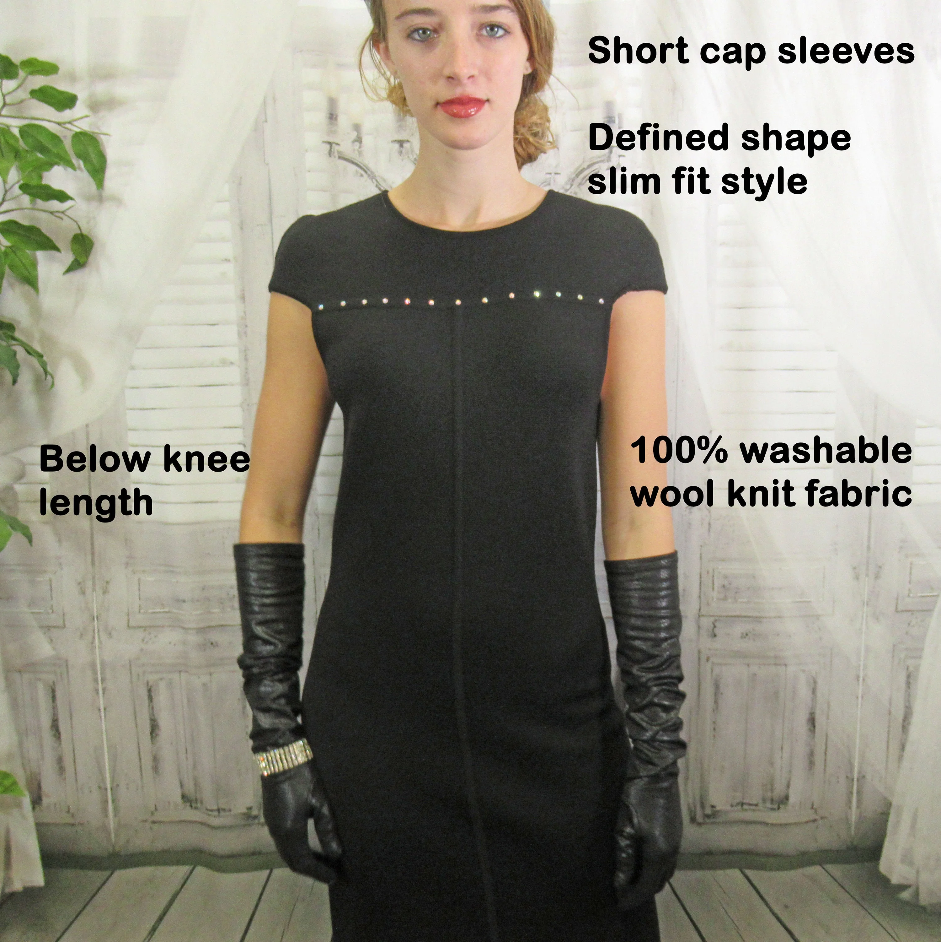 Knit 32 - 36 Bust Dress Cap Sleeves Black with Clear Sequin Front Yoke Trim Made In Hong Kong Washable Wool 80s Vtg by Adrienne Vittadini - Image 4