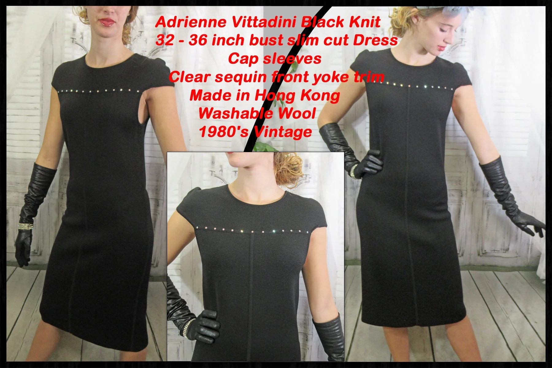 Knit 32 - 36 Bust Dress Cap Sleeves Black with Clear Sequin Front Yoke Trim Made In Hong Kong Washable Wool 80s Vtg by Adrienne Vittadini - Image 5