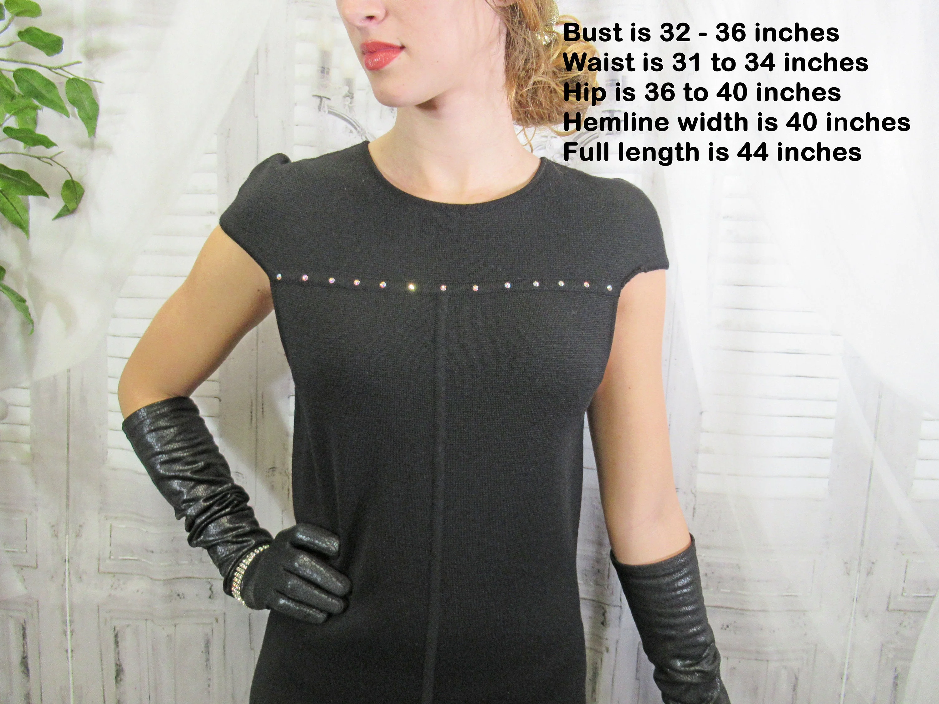 Knit 32 - 36 Bust Dress Cap Sleeves Black with Clear Sequin Front Yoke Trim Made In Hong Kong Washable Wool 80s Vtg by Adrienne Vittadini - Image 7
