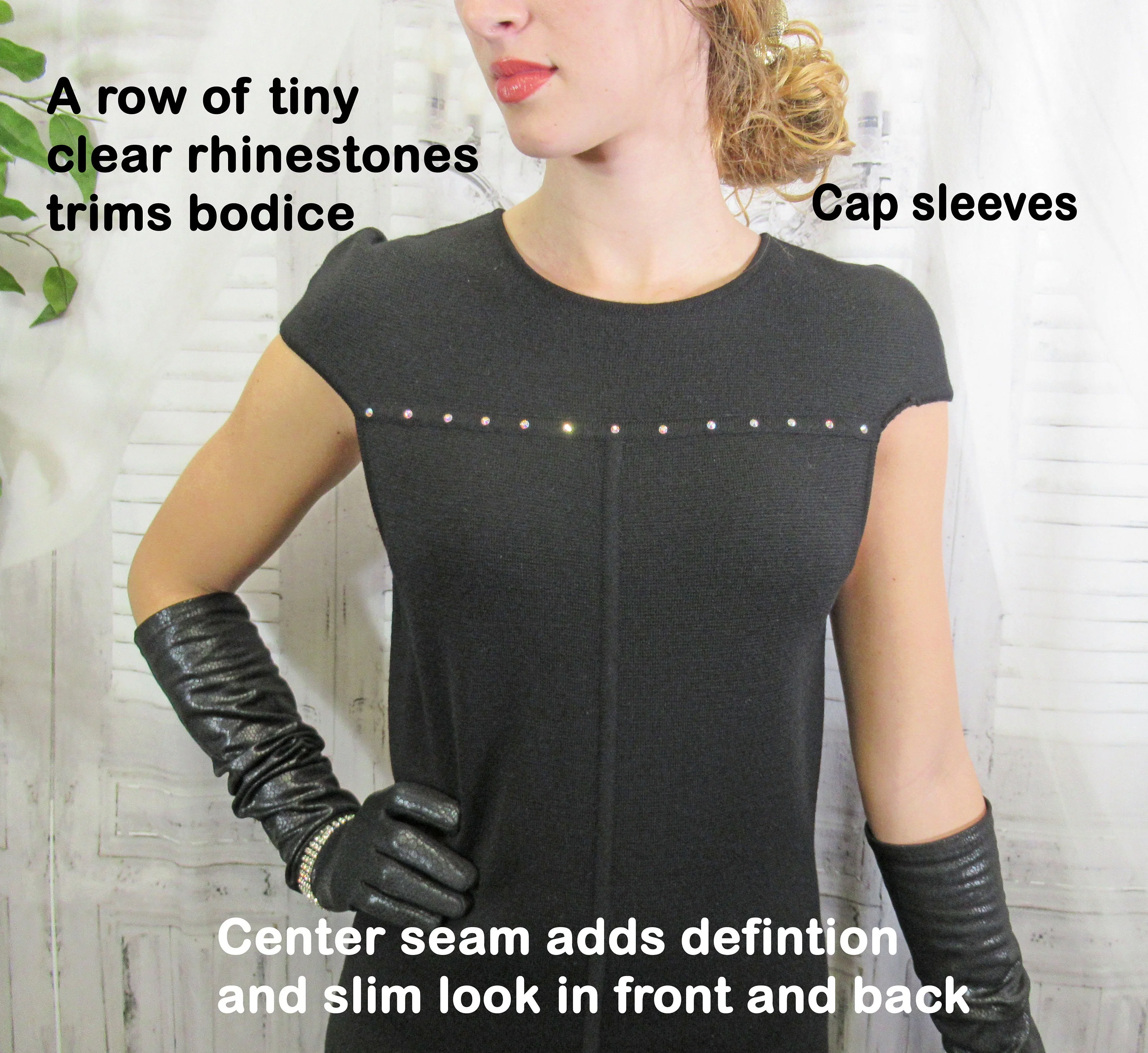 Knit 32 - 36 Bust Dress Cap Sleeves Black with Clear Sequin Front Yoke Trim Made In Hong Kong Washable Wool 80s Vtg by Adrienne Vittadini - Image 8