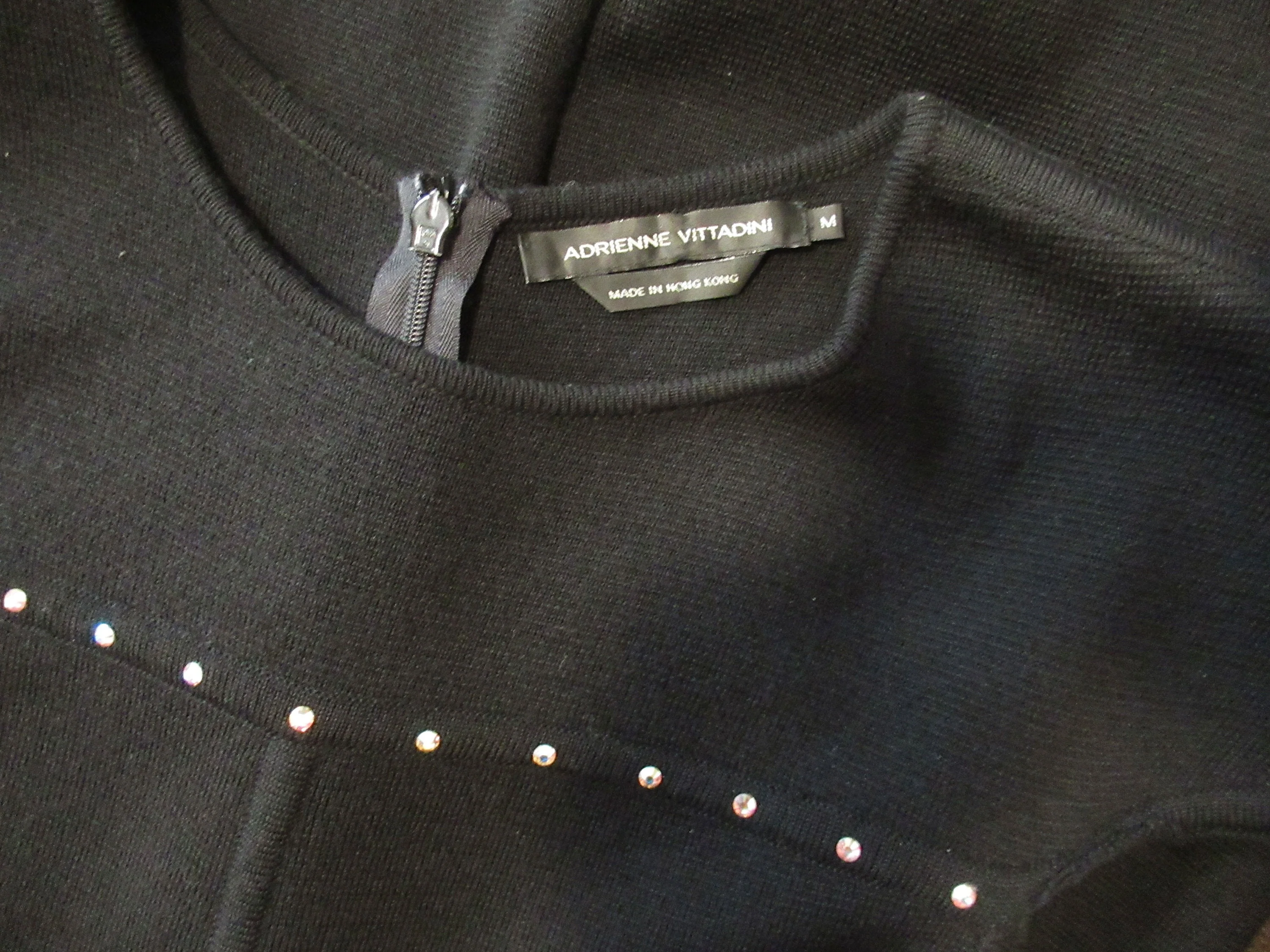 Knit 32 - 36 Bust Dress Cap Sleeves Black with Clear Sequin Front Yoke Trim Made In Hong Kong Washable Wool 80s Vtg by Adrienne Vittadini - Image 9