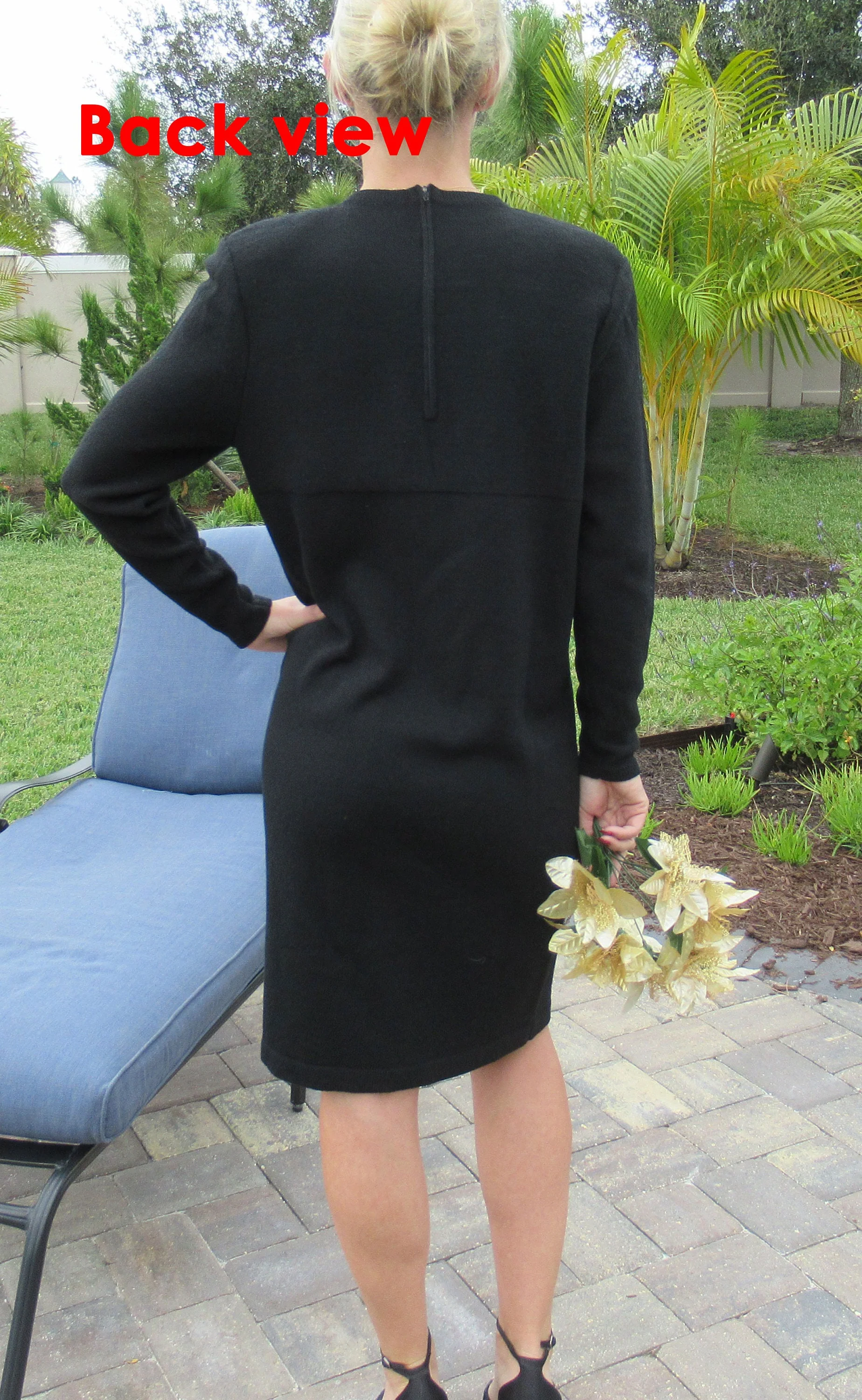 Knit Dress Galiada Black W Gold Decorative 1 Round Front Buttons Sheath Figure Friendly 80s Shoulder Pad by Galiada - Image 11