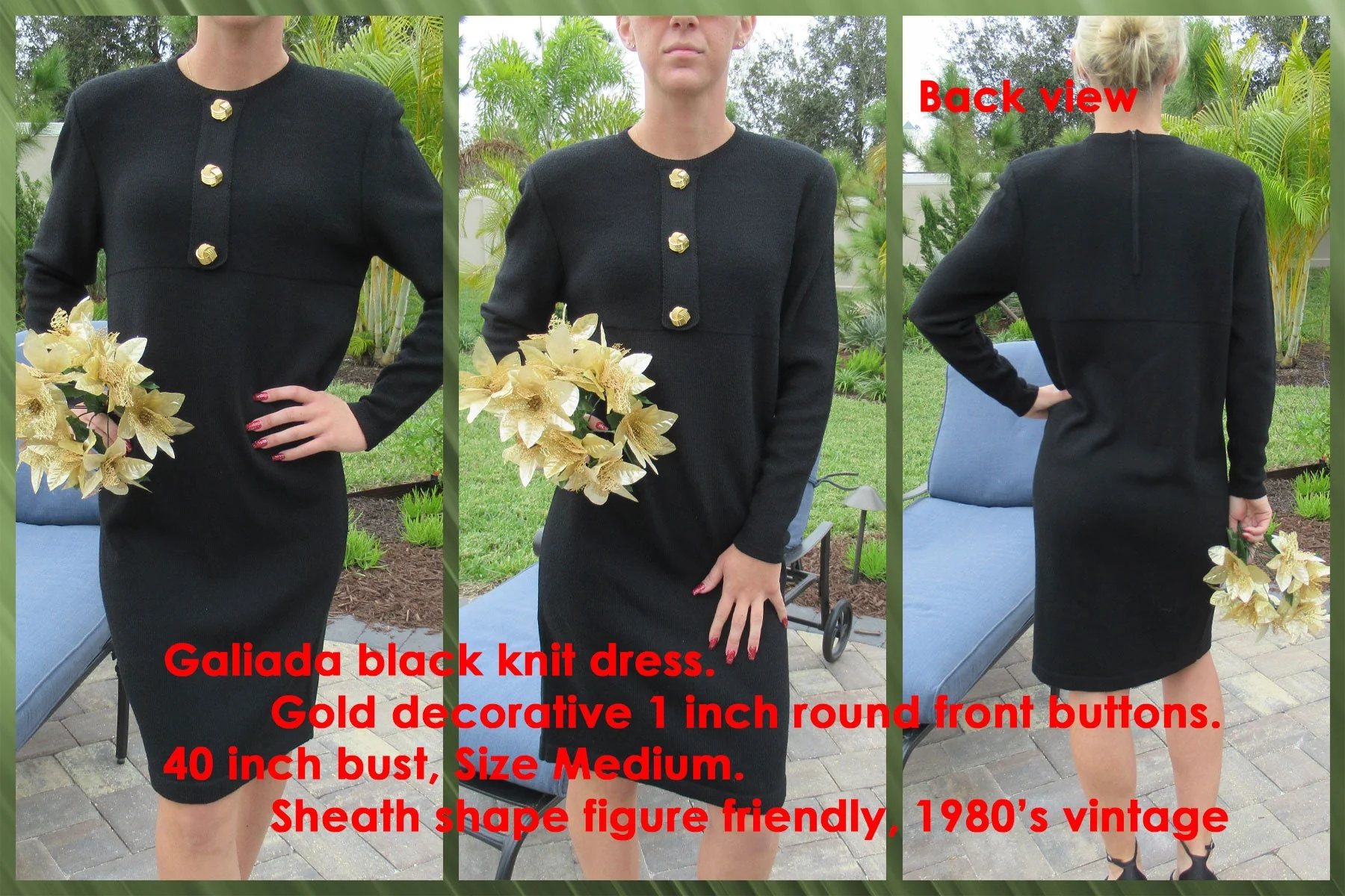 Knit Dress Galiada Black W Gold Decorative 1 Round Front Buttons Sheath Figure Friendly 80s Shoulder Pad by Galiada - Image 4