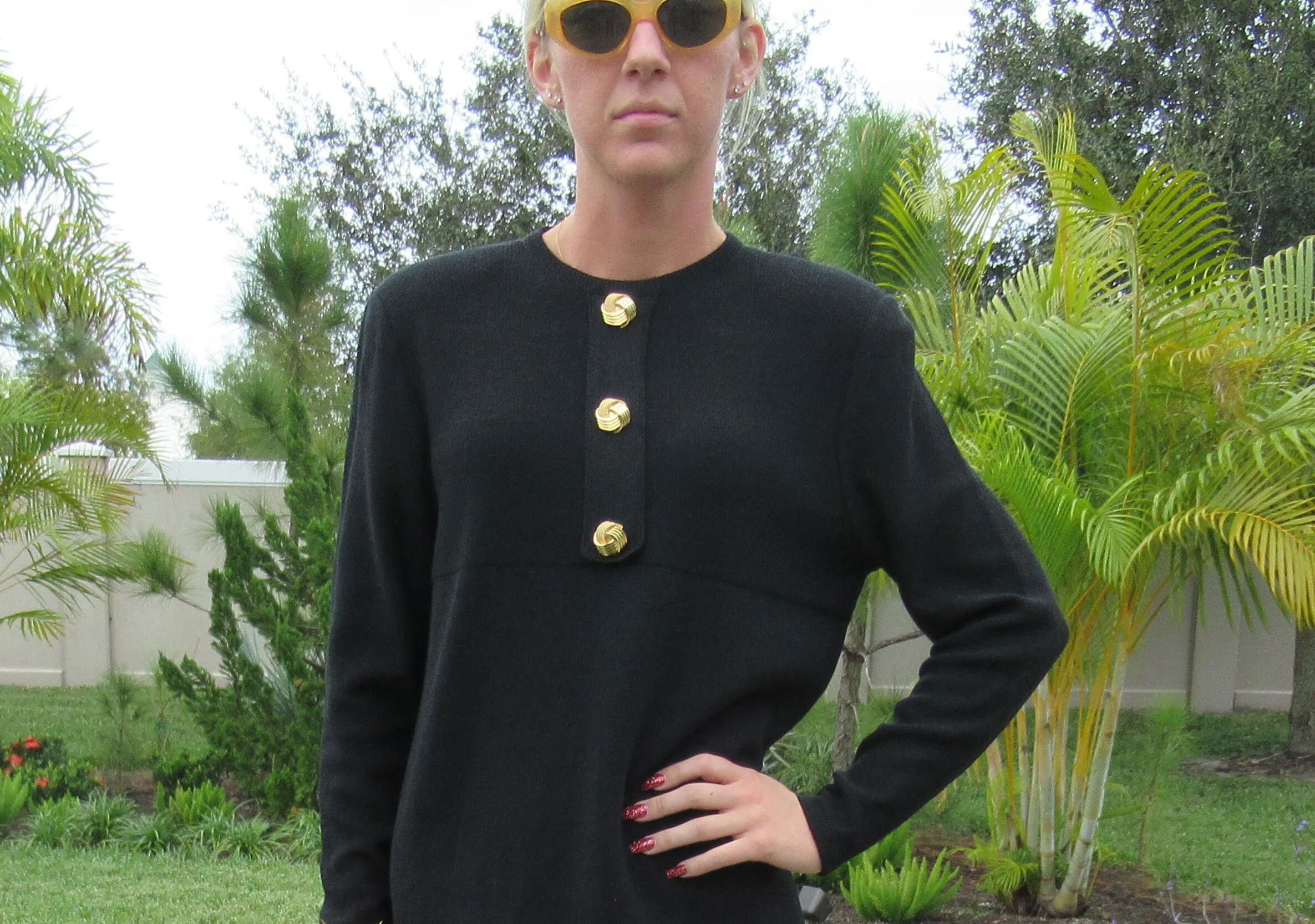 Knit Dress Galiada Black W Gold Decorative 1 Round Front Buttons Sheath Figure Friendly 80s Shoulder Pad by Galiada - Image 6