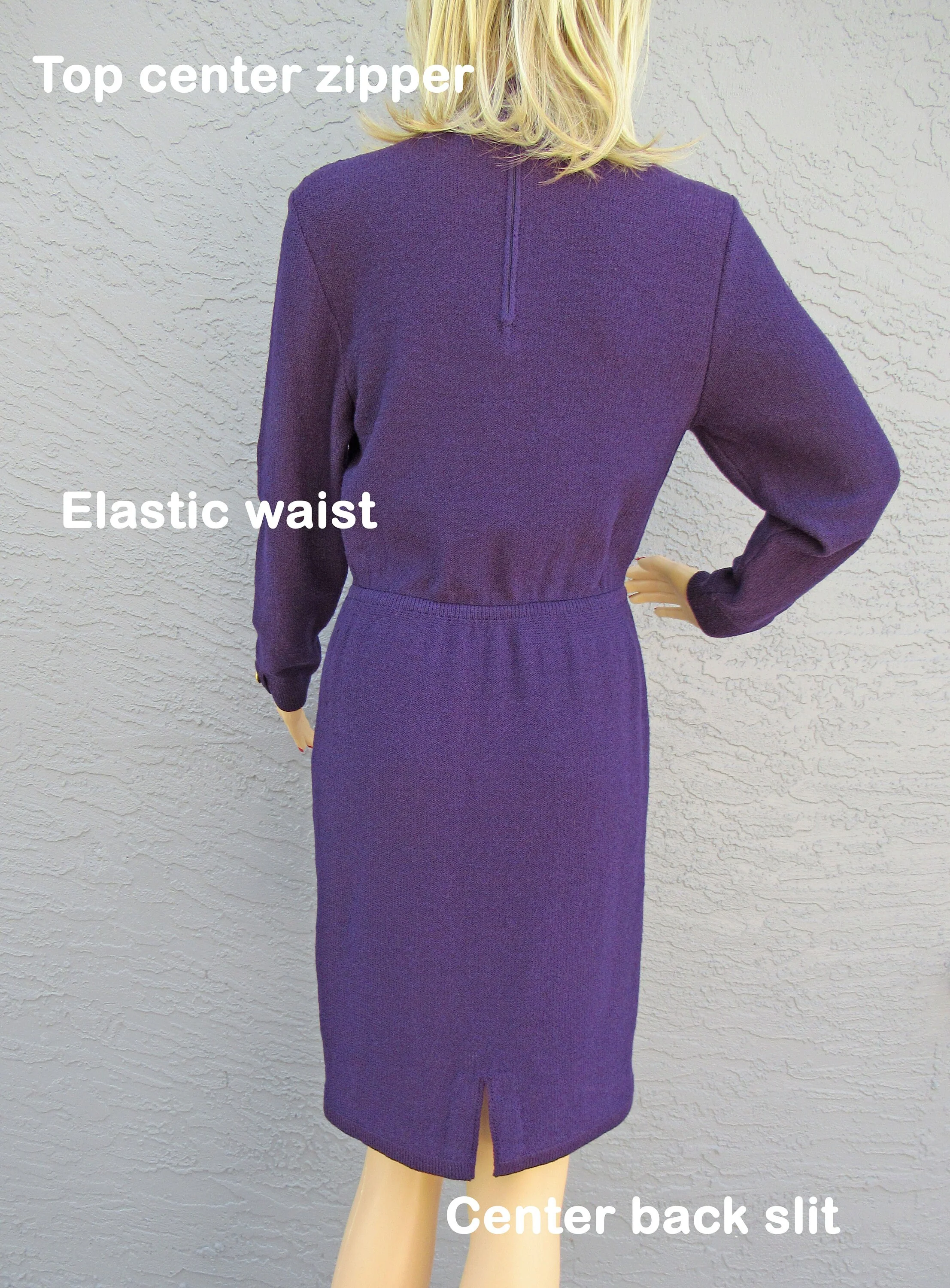 Knit Dress Long Sleeves Steve Fabrikant Aubergine Purple Santana Knit Gold Tone Metal Cuff Buttons Pet Bonus Scarf Vintage by Steve Fabrikant - Image 10