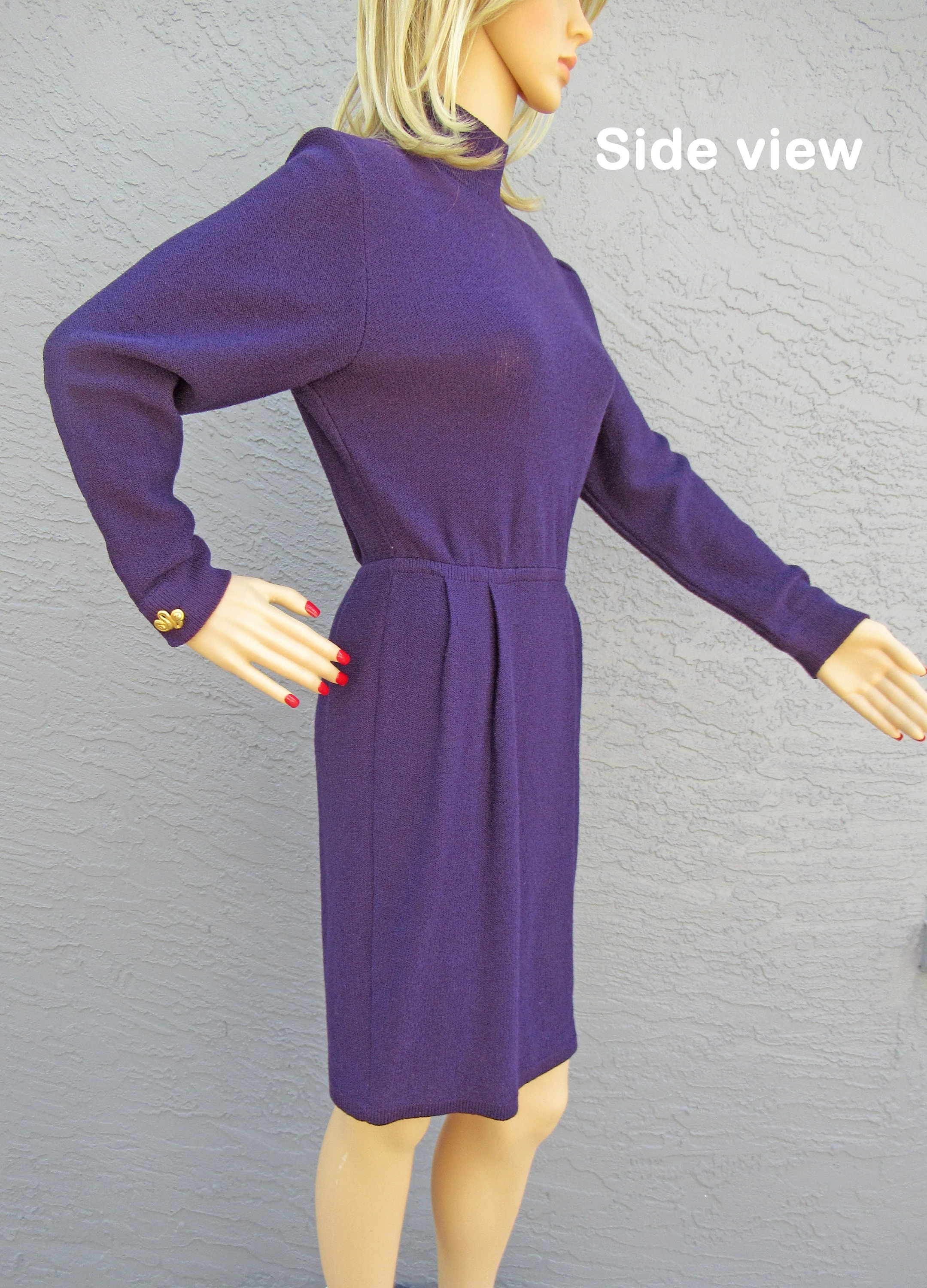 Knit Dress Long Sleeves Steve Fabrikant Aubergine Purple Santana Knit Gold Tone Metal Cuff Buttons Pet Bonus Scarf Vintage by Steve Fabrikant - Image 3