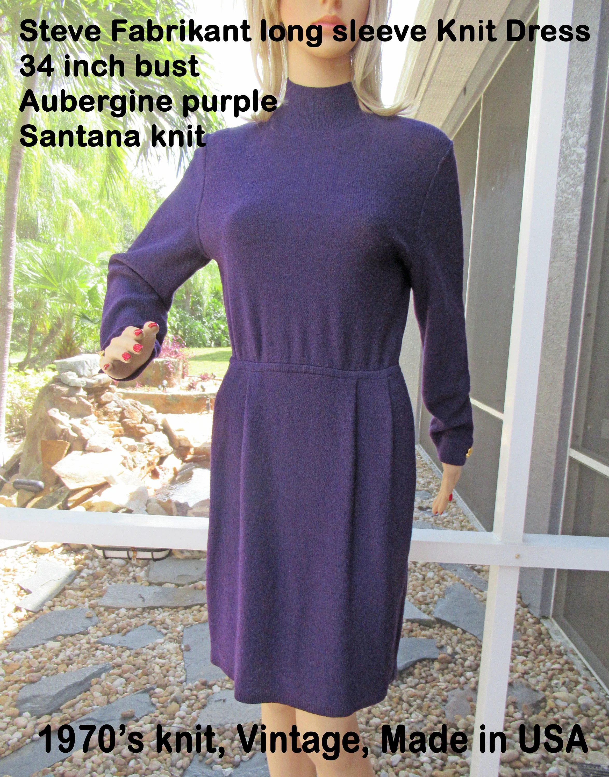 Knit Dress Long Sleeves Steve Fabrikant Aubergine Purple Santana Knit Gold Tone Metal Cuff Buttons Pet Bonus Scarf Vintage by Steve Fabrikant - Image 4