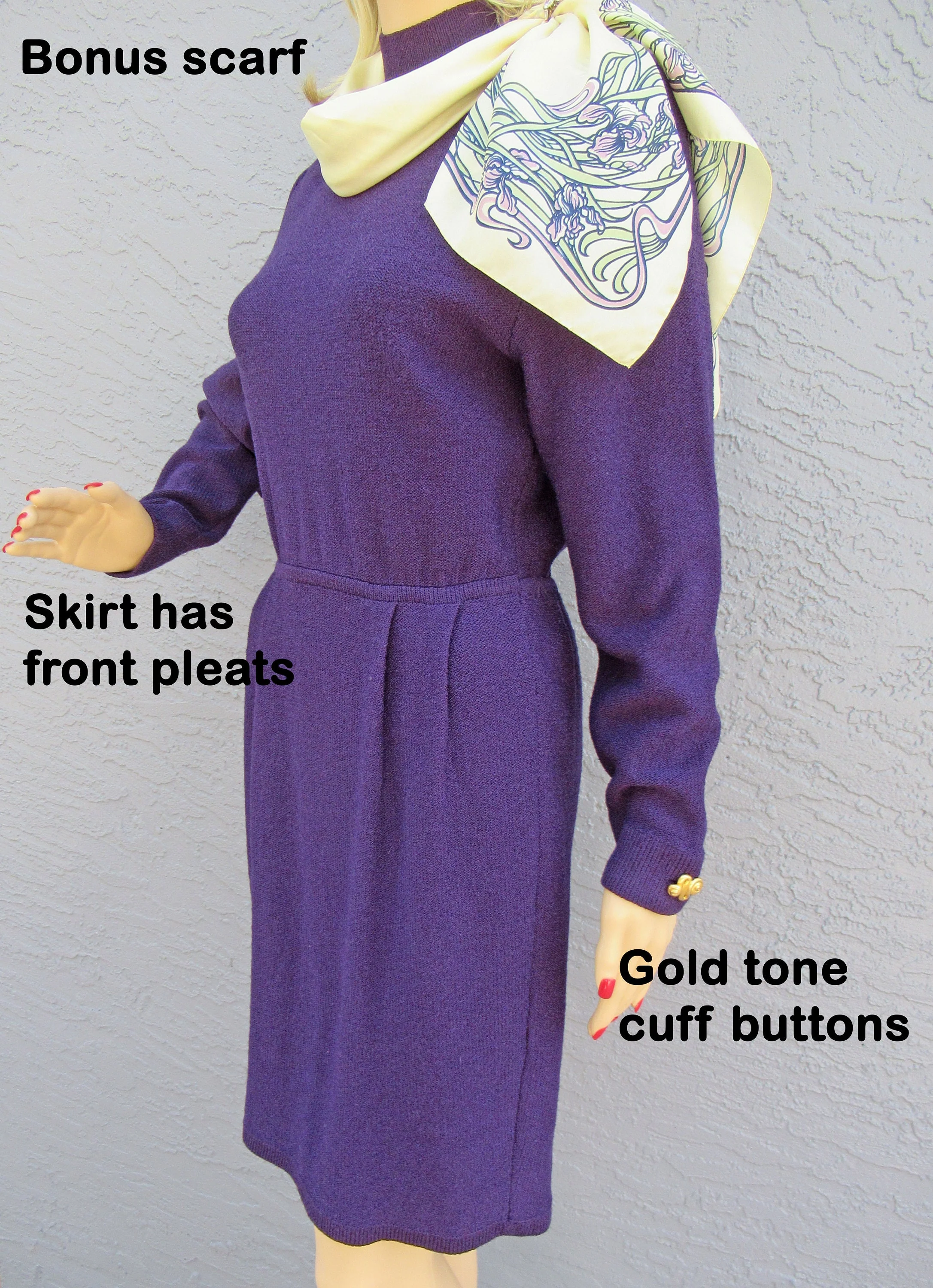 Knit Dress Long Sleeves Steve Fabrikant Aubergine Purple Santana Knit Gold Tone Metal Cuff Buttons Pet Bonus Scarf Vintage by Steve Fabrikant - Image 5
