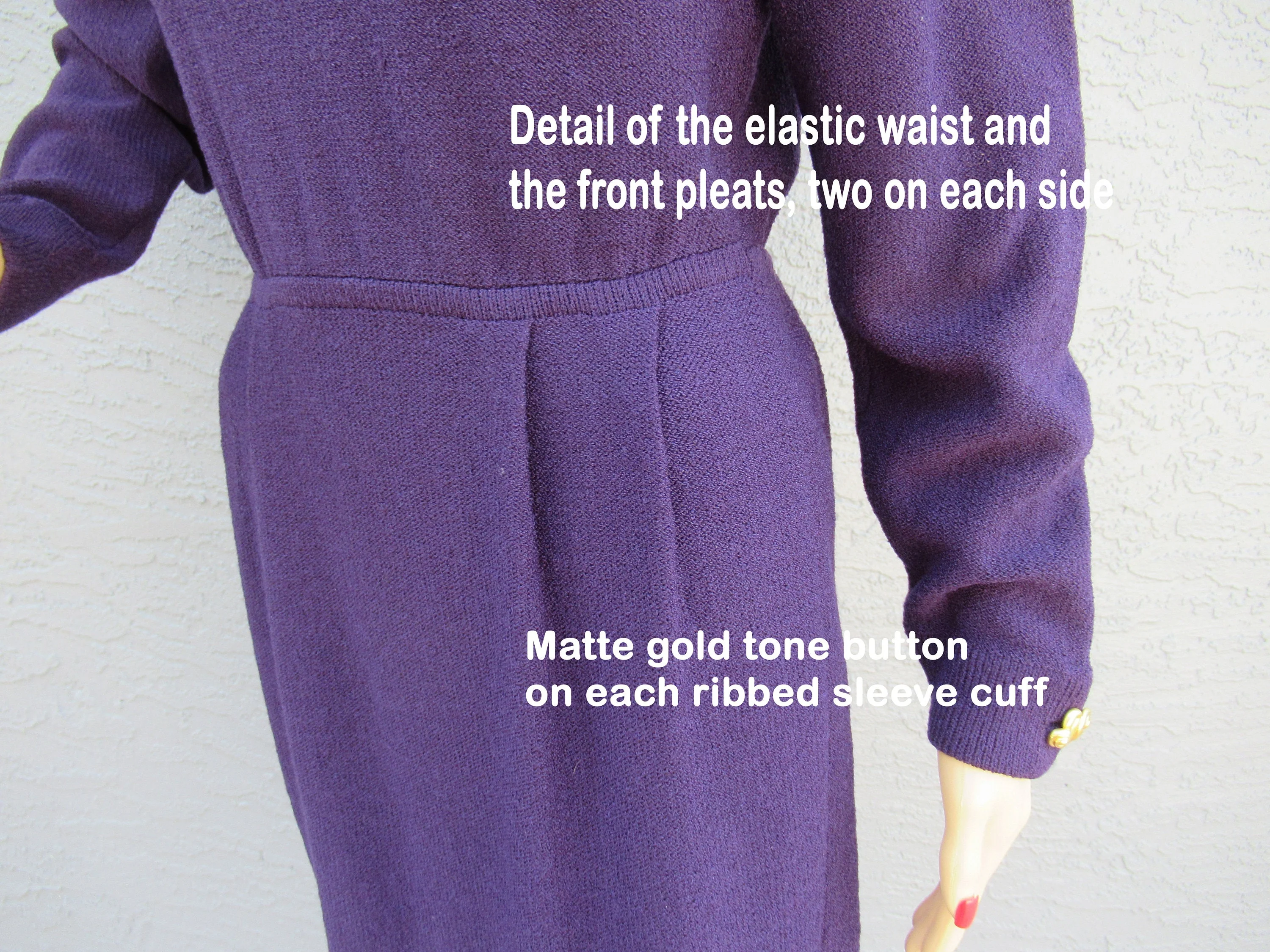Knit Dress Long Sleeves Steve Fabrikant Aubergine Purple Santana Knit Gold Tone Metal Cuff Buttons Pet Bonus Scarf Vintage by Steve Fabrikant - Image 6