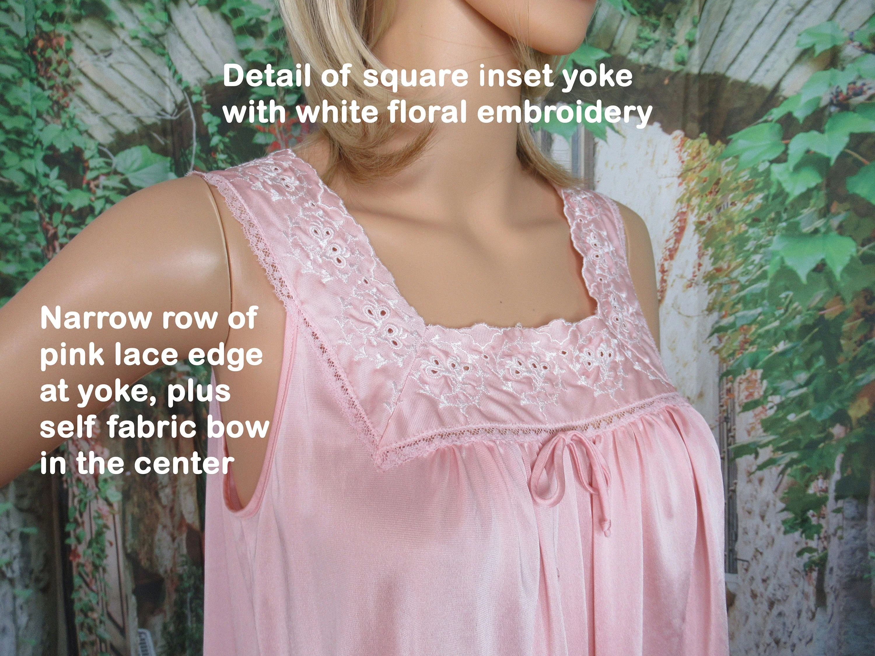 Komar Nightgown Sleeveless Pink Nylon Knee Length White Embroidery and Lace Trim Square Yoke Vintage by Komar - Image 3