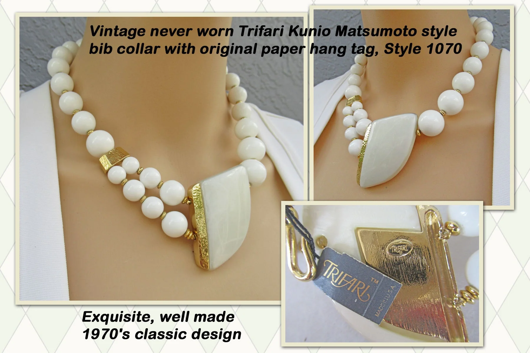 Kunio Matsumoto Style Necklace Bib Collar with Original Tag Style 1070, Vtg Never Worn, Exquisite, Well Made 70s Classic Design by Trifari - Image 2