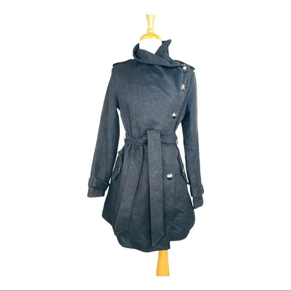 Ladies Double Breasted Trench Wool Belted Flared Logo Buttons Xs by Sam Edelman - Image 3