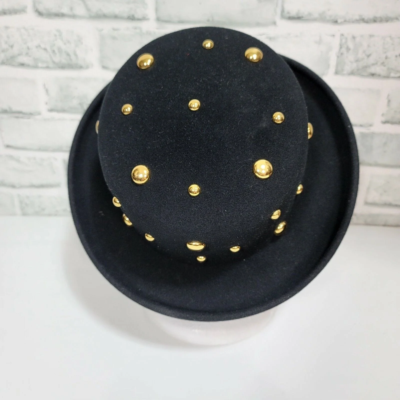Ladies Wool Rolled Up Brim Kettle Hat Gold Studded By Lite Felt - Image 5