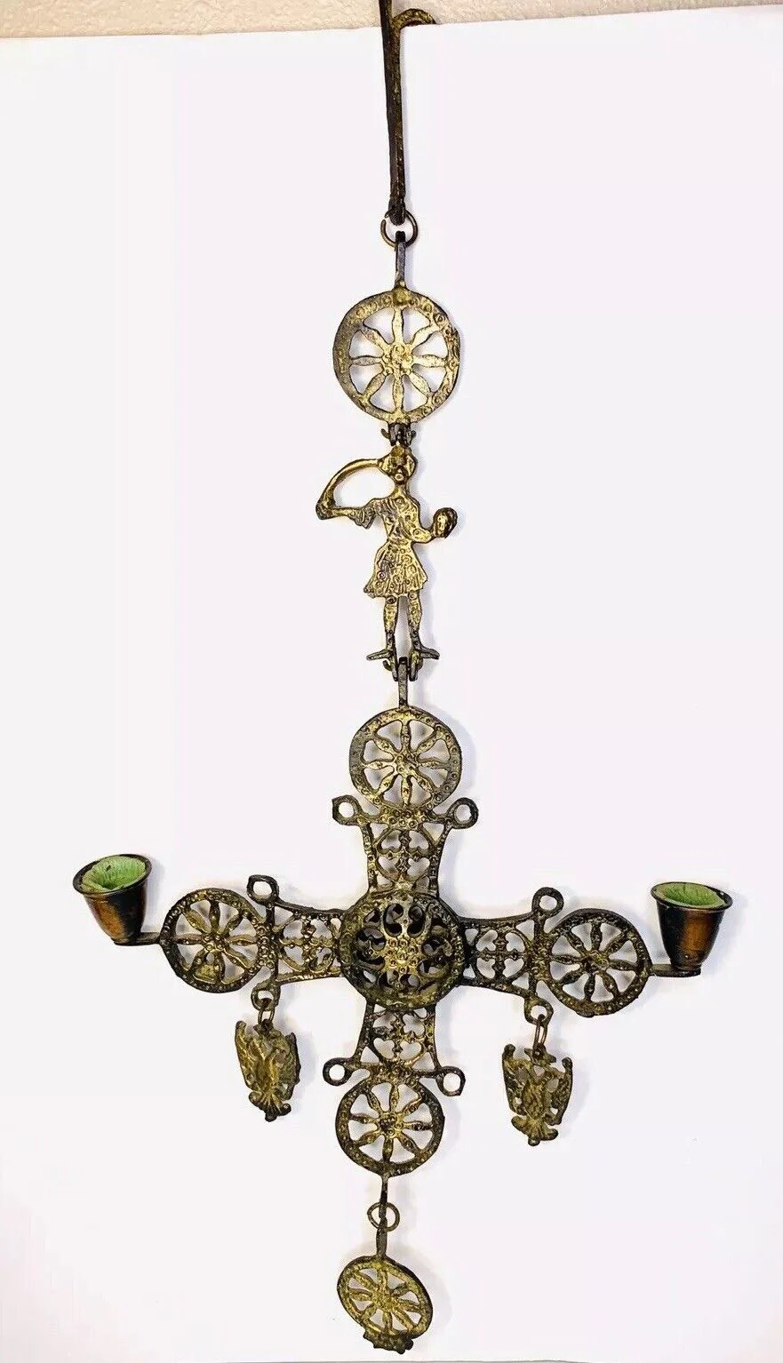 Large Antique German Cross Austrian Brass Wall Hanging Double Eagle Georges 26” - Image 2