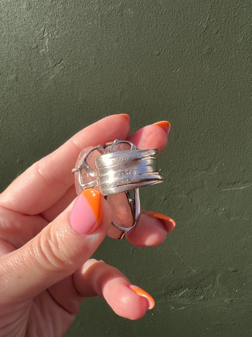 Large Vintage Rose Quartz Ring Sterling Silver - Image 3