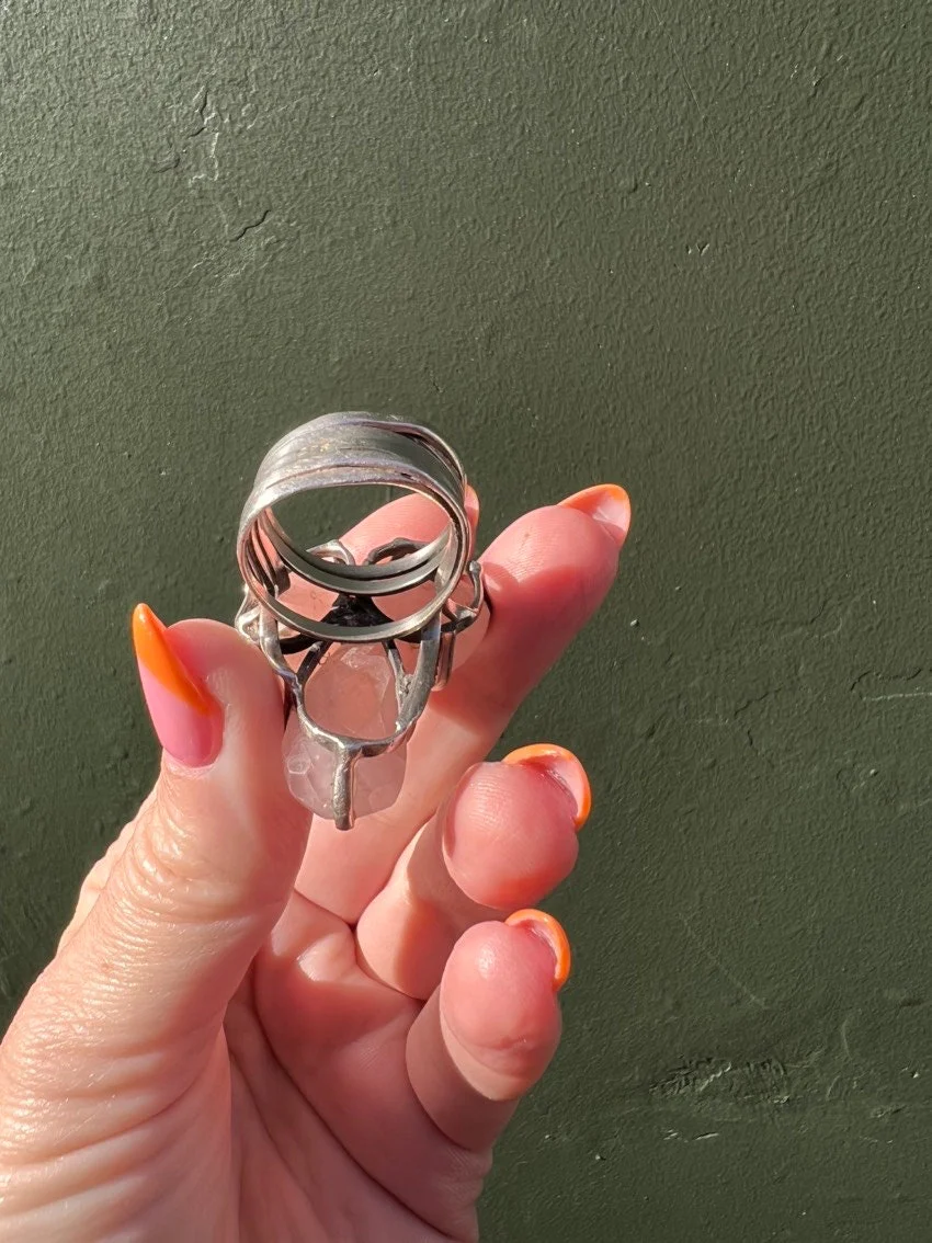 Large Vintage Rose Quartz Ring Sterling Silver - Image 4
