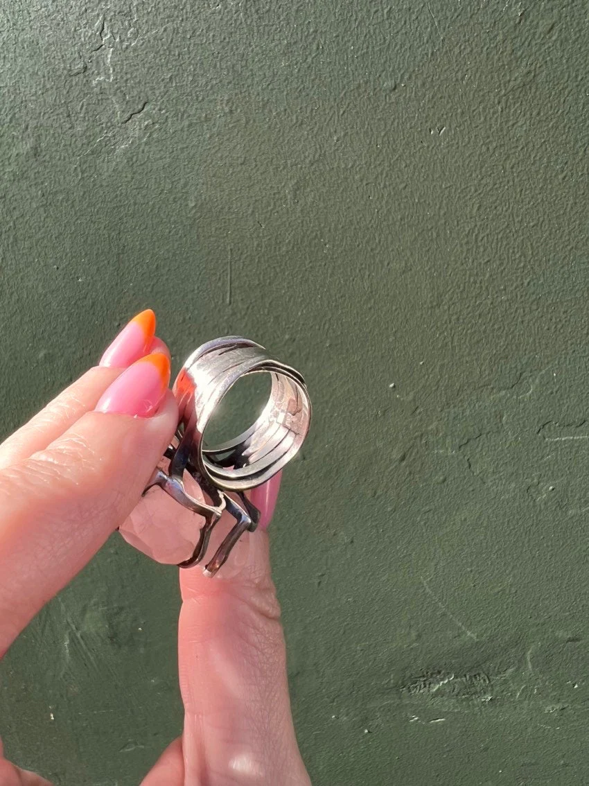 Large Vintage Rose Quartz Ring Sterling Silver - Image 7