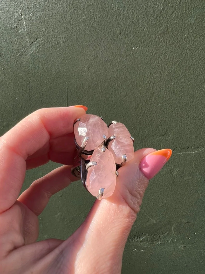 Large Vintage Rose Quartz Ring Sterling Silver - Image 9