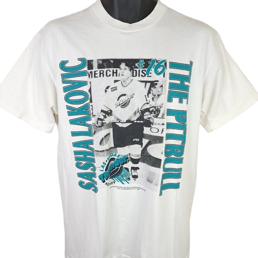 Las Vegas Thunder Hockey T-Shirt Vintage 90s Sashalakovic The Pitbull Ihl Made In Usa Mens Size Medium