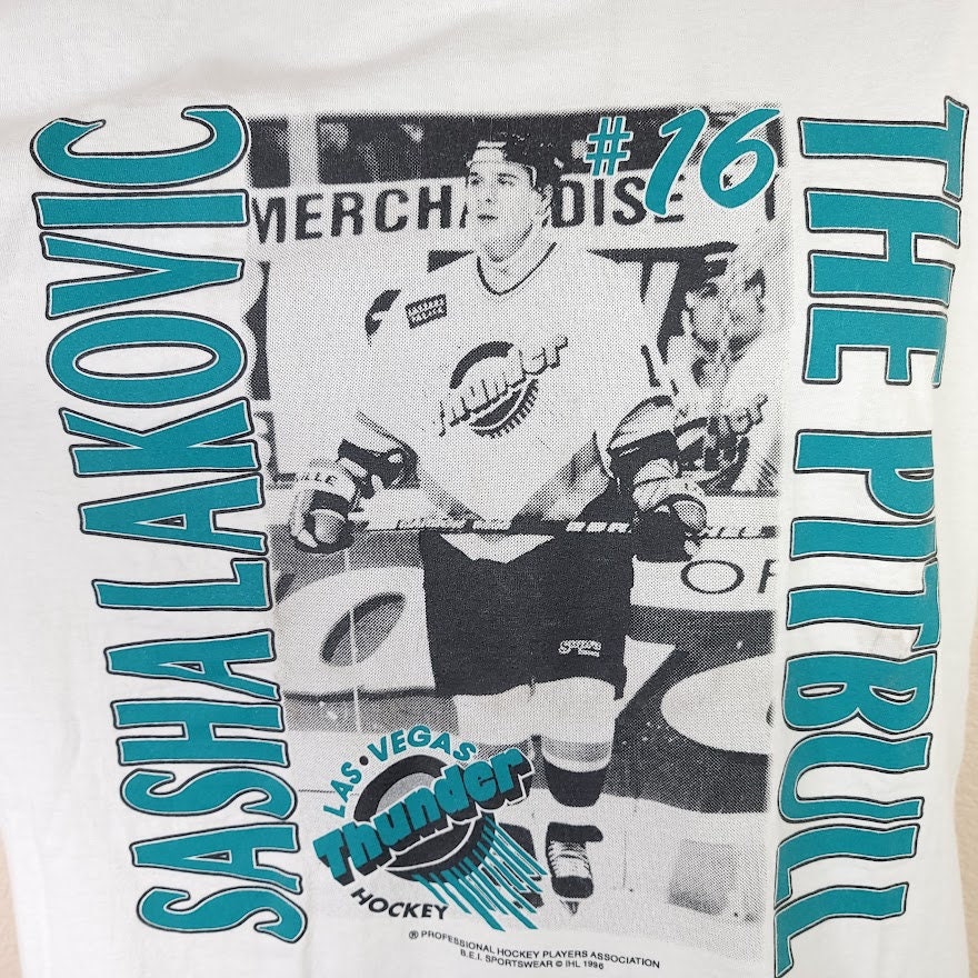 Las Vegas Thunder Hockey T-Shirt Vintage 90s Sashalakovic The Pitbull Ihl Made In Usa Mens Size Medium - Image 2