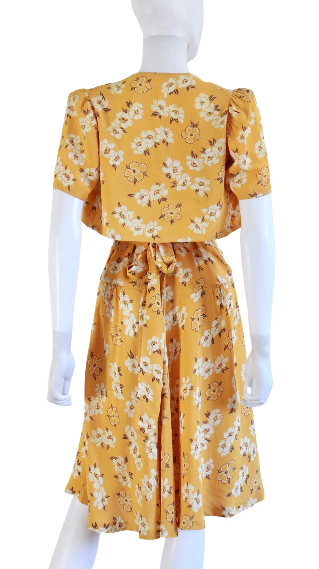 Late 30s / 40s Mustard Yellow Floral Cold Rayon Dress and Bolero Set Size Small - Image 10