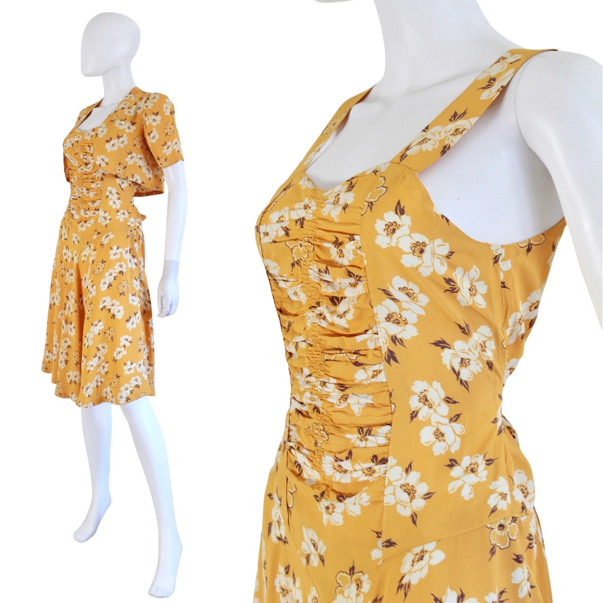 Late 30s / 40s Mustard Yellow Floral Cold Rayon Dress and Bolero Set Size Small - Image 8