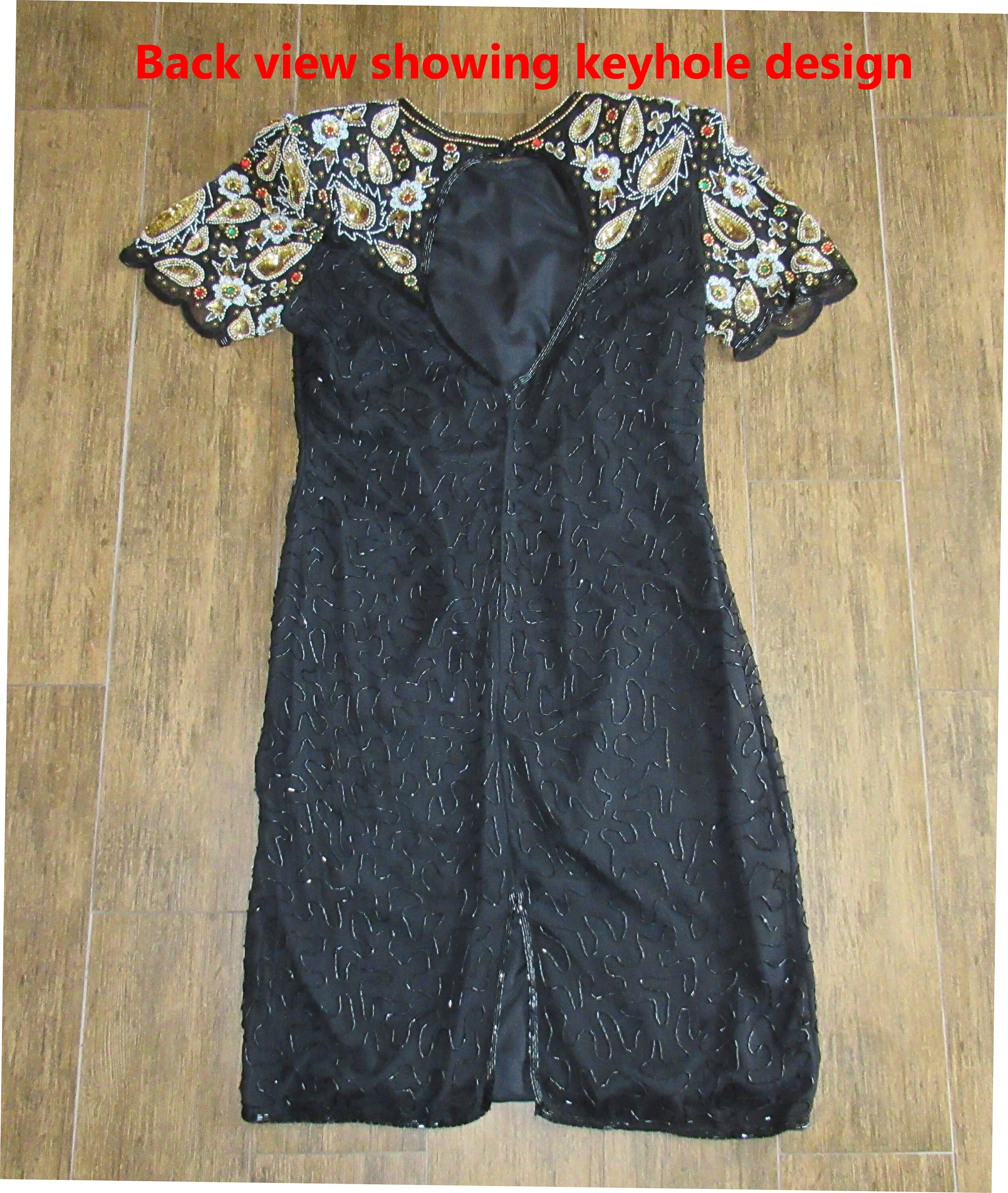 Lawrence Kazar Black Beaded Dress Gold Paisley Top Made In India Bag of Beads Short Sleeve Knee Length by Lawrence Kazar - Image 10