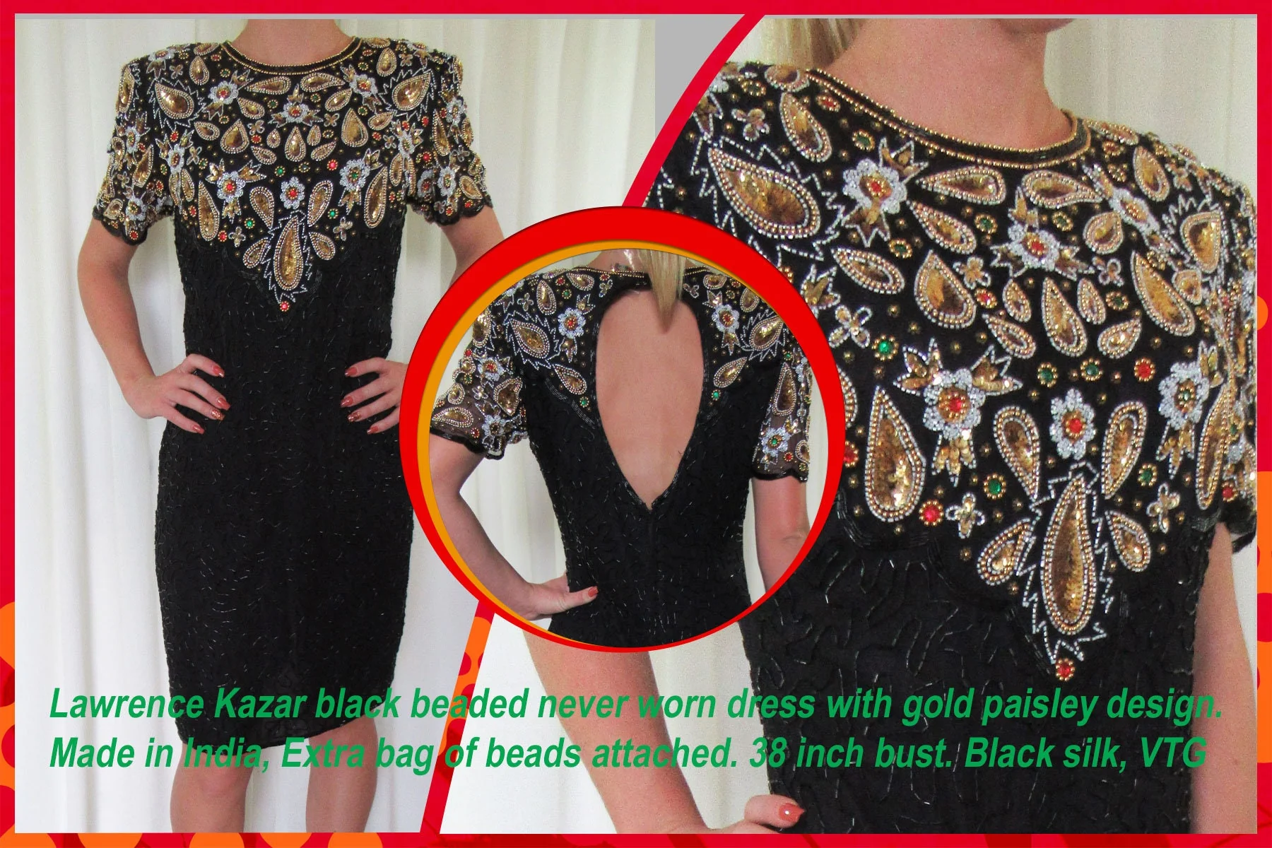 Lawrence Kazar Black Beaded Dress Gold Paisley Top Made In India Bag of Beads Short Sleeve Knee Length by Lawrence Kazar - Image 2