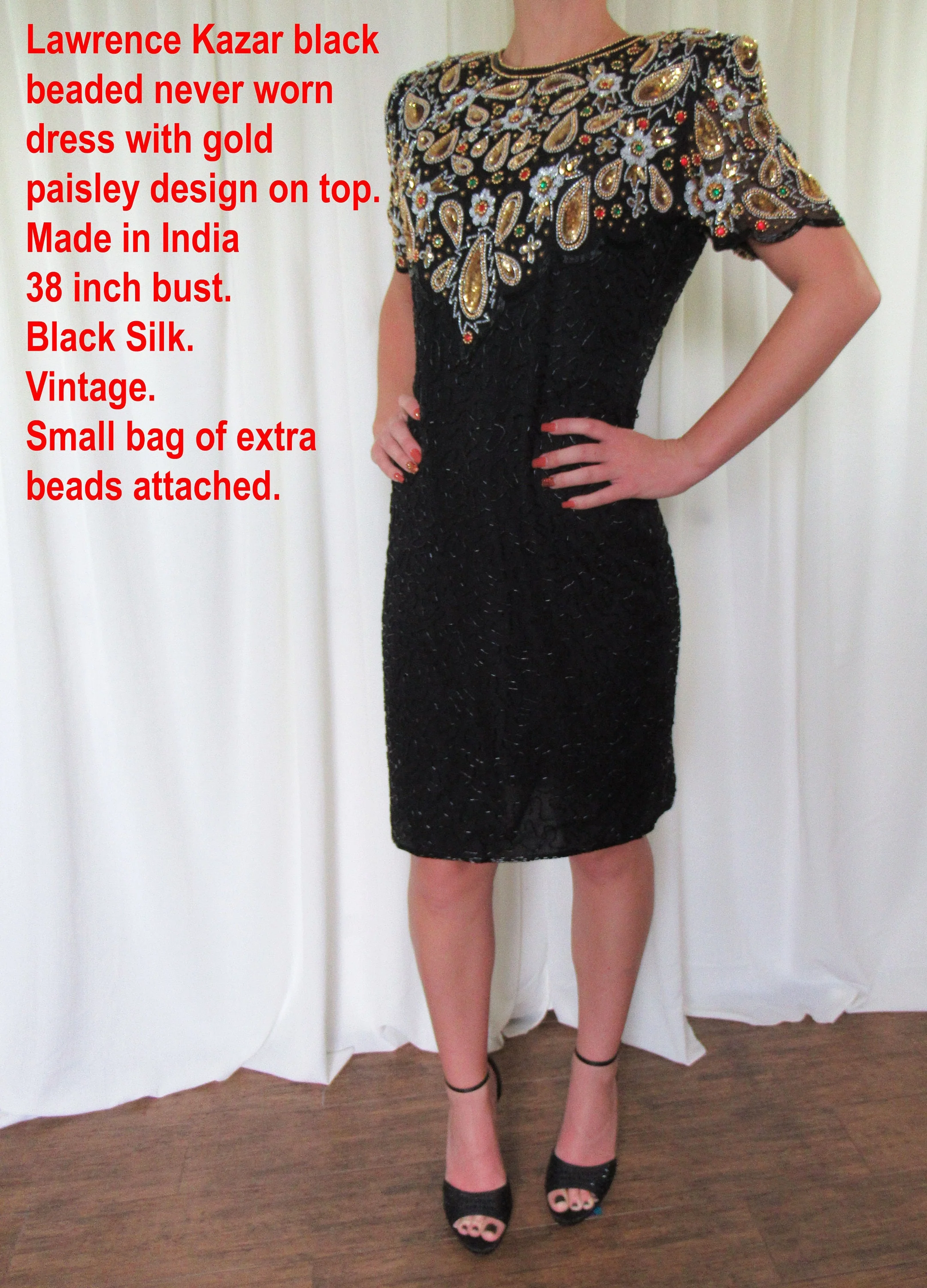 Lawrence Kazar Black Beaded Dress Gold Paisley Top Made In India Bag of Beads Short Sleeve Knee Length by Lawrence Kazar - Image 3