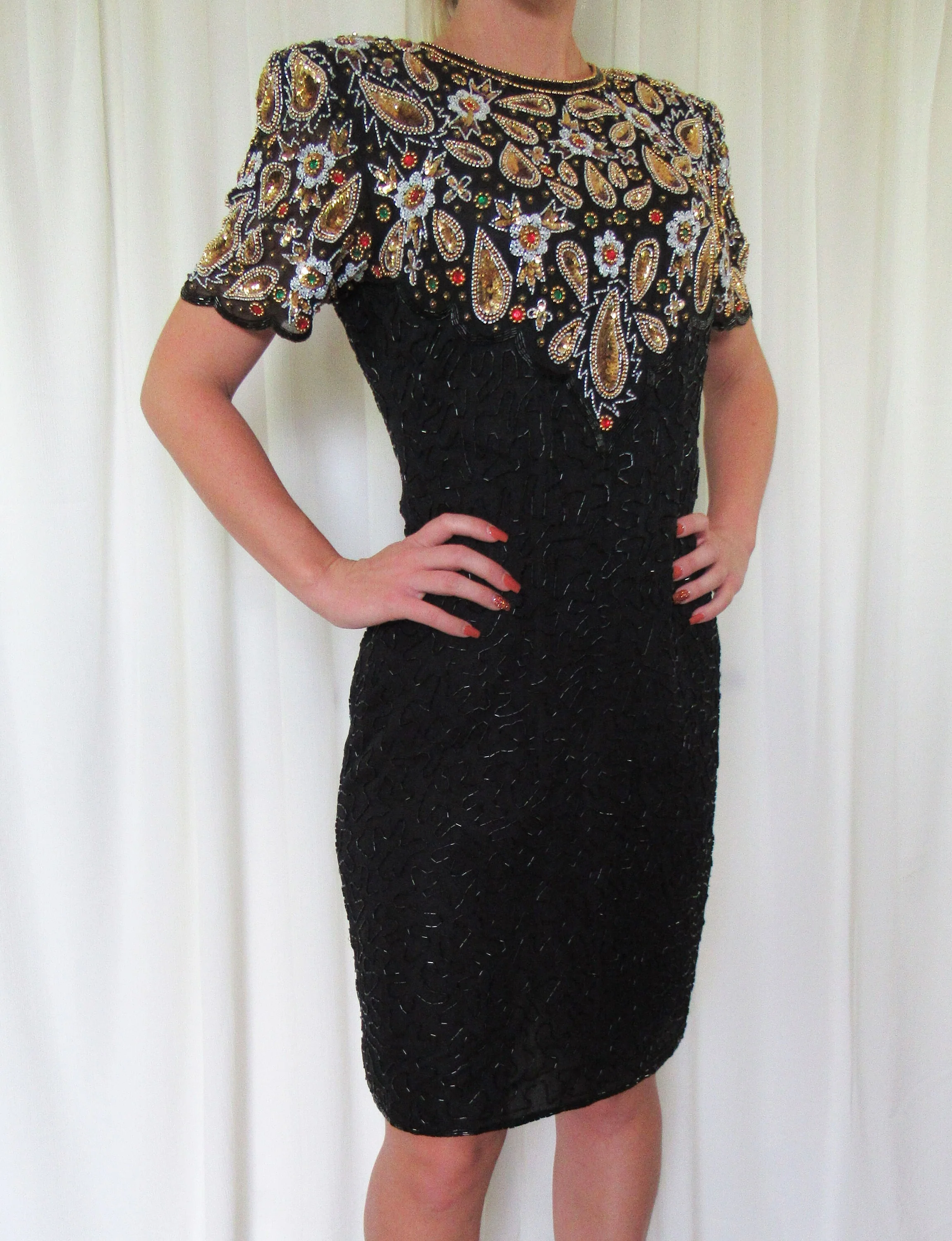Lawrence Kazar Black Beaded Dress Gold Paisley Top Made In India Bag of Beads Short Sleeve Knee Length by Lawrence Kazar - Image 4