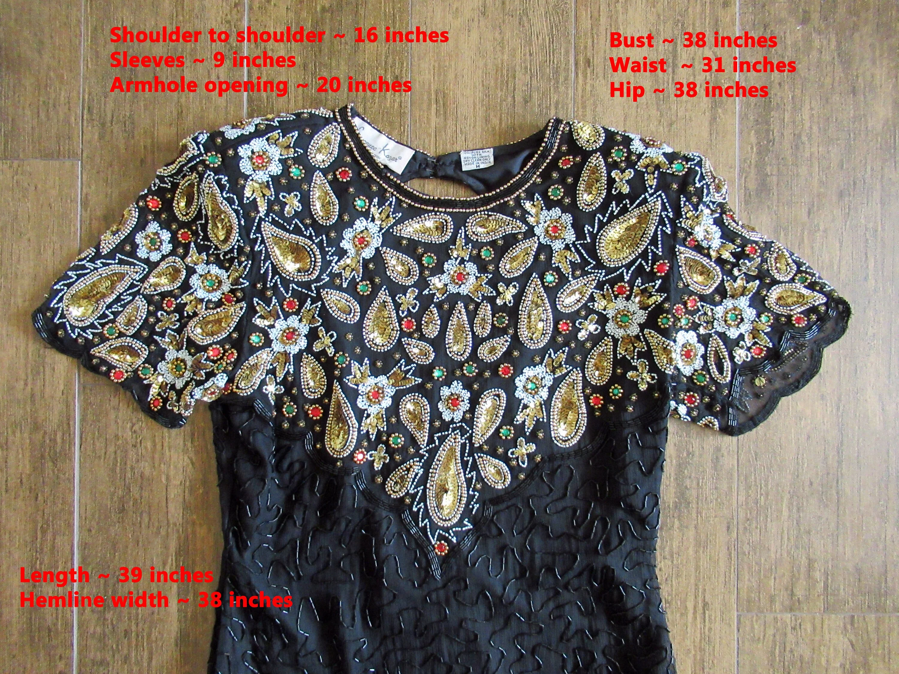Lawrence Kazar Black Beaded Dress Gold Paisley Top Made In India Bag of Beads Short Sleeve Knee Length by Lawrence Kazar - Image 5