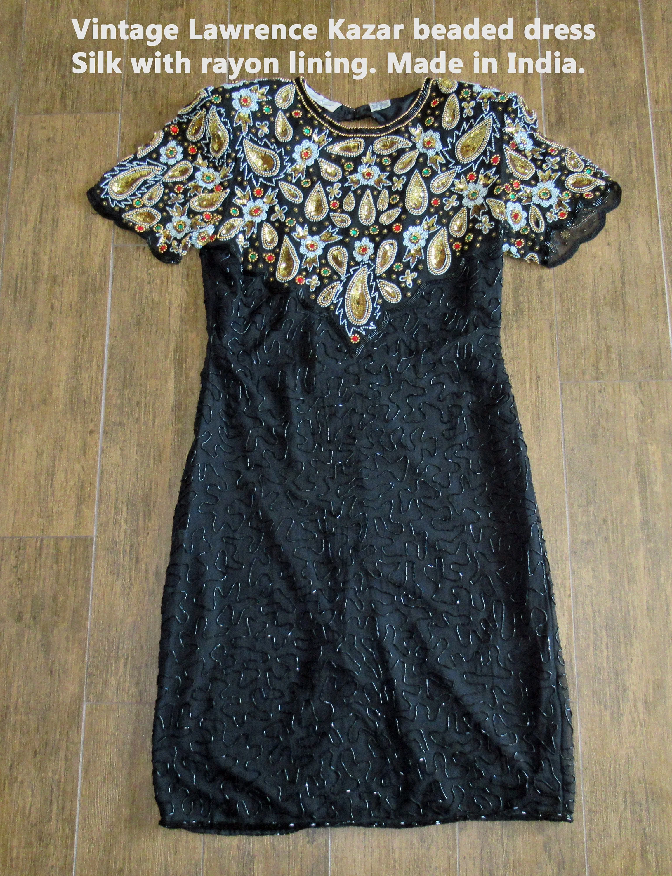 Lawrence Kazar Black Beaded Dress Gold Paisley Top Made In India Bag of Beads Short Sleeve Knee Length by Lawrence Kazar - Image 6