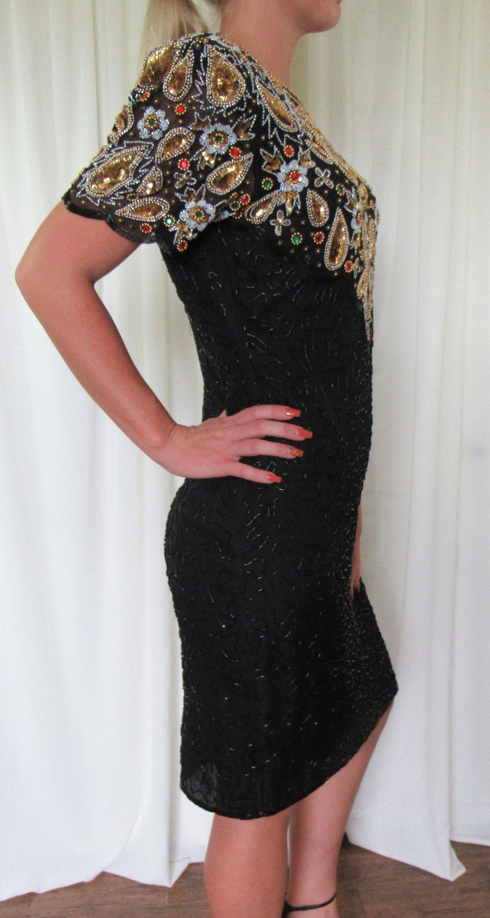 Lawrence Kazar Black Beaded Dress Gold Paisley Top Made In India Bag of Beads Short Sleeve Knee Length by Lawrence Kazar - Image 7
