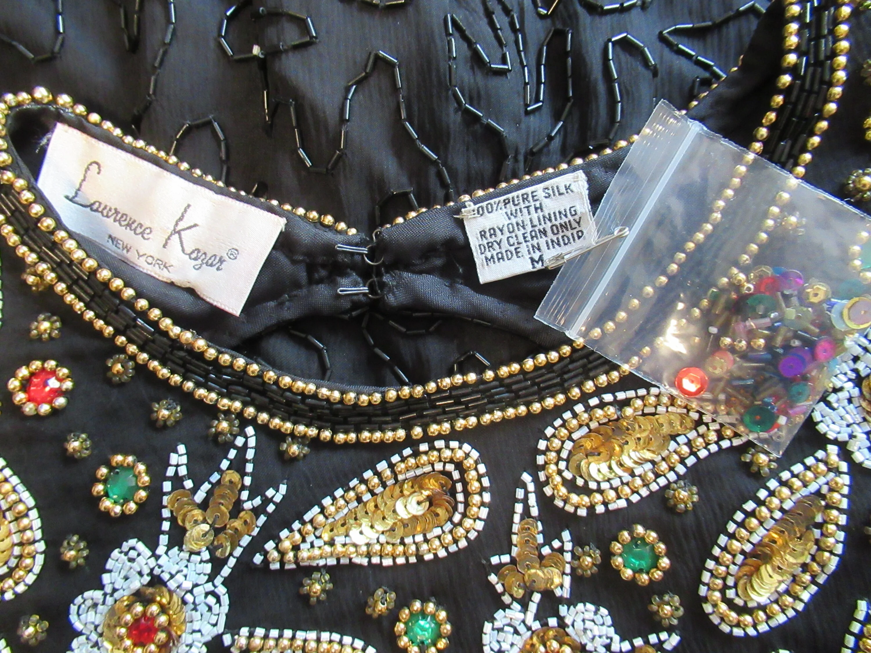 Lawrence Kazar Black Beaded Dress Gold Paisley Top Made In India Bag of Beads Short Sleeve Knee Length by Lawrence Kazar - Image 8