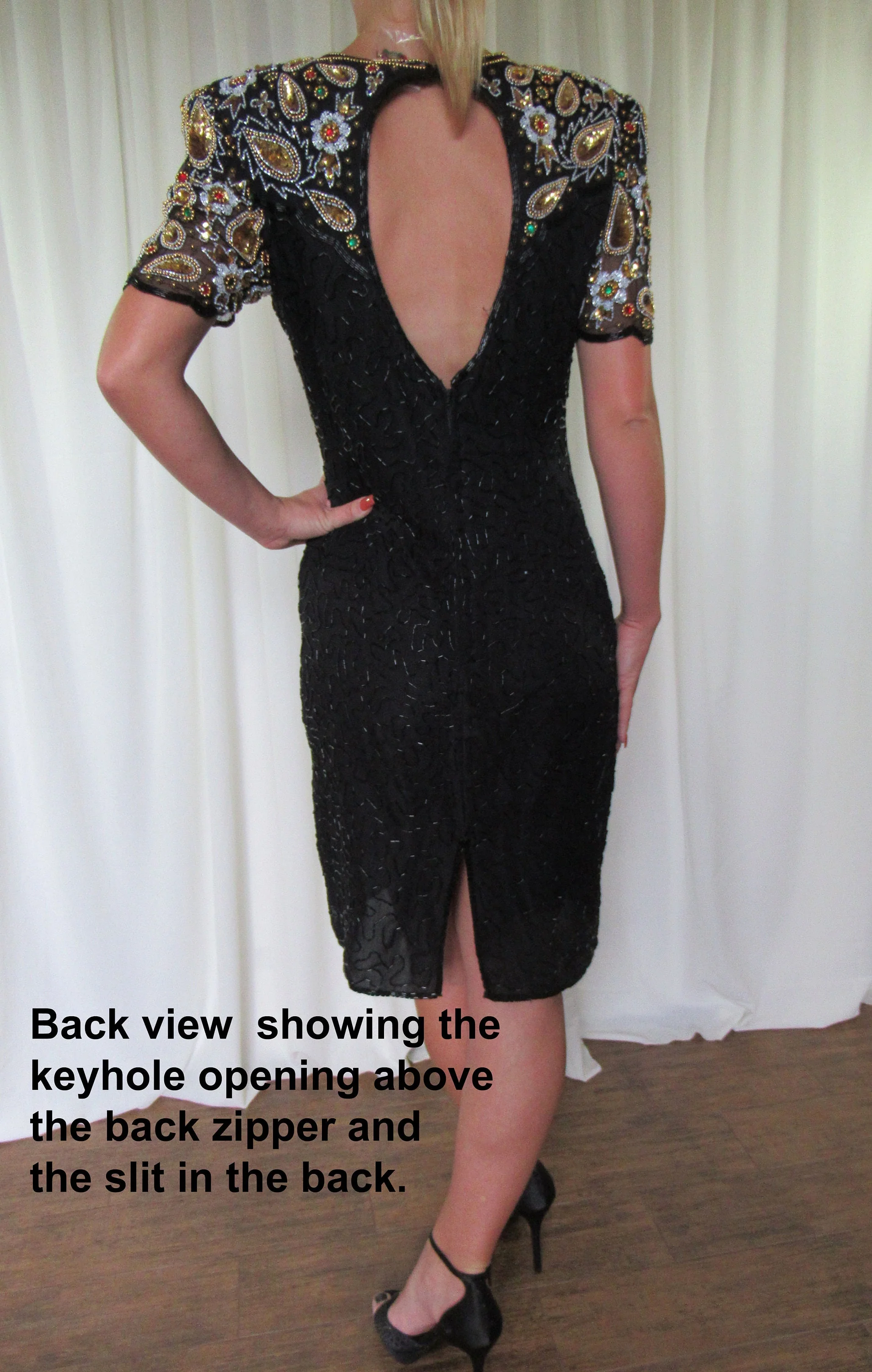 Lawrence Kazar Black Beaded Dress Gold Paisley Top Made In India Bag of Beads Short Sleeve Knee Length by Lawrence Kazar - Image 9