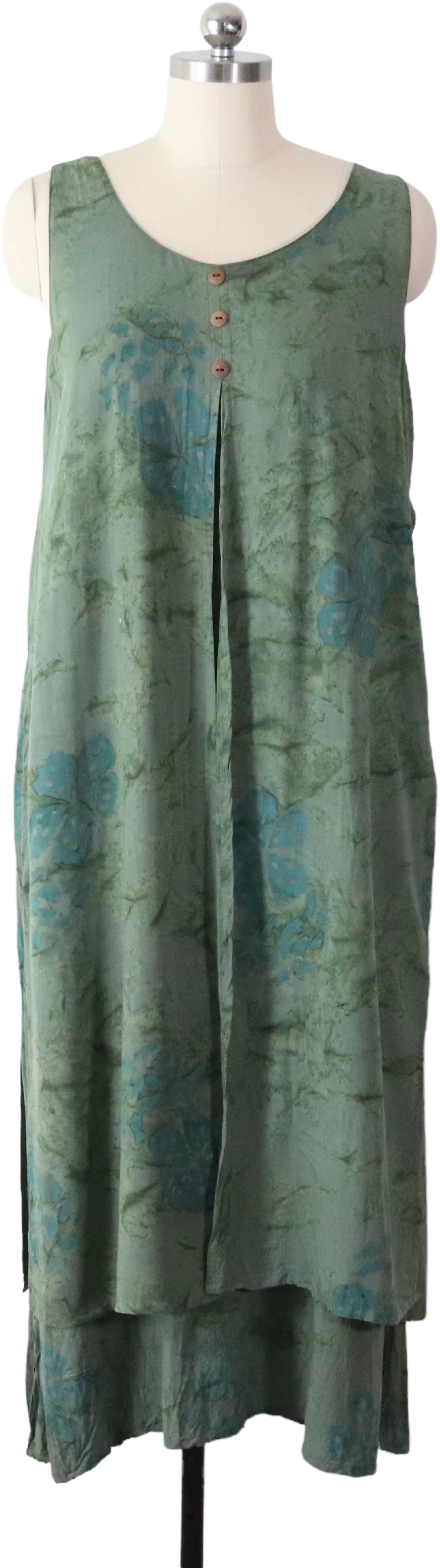 Layered Green Botanical Batik Shift Dress