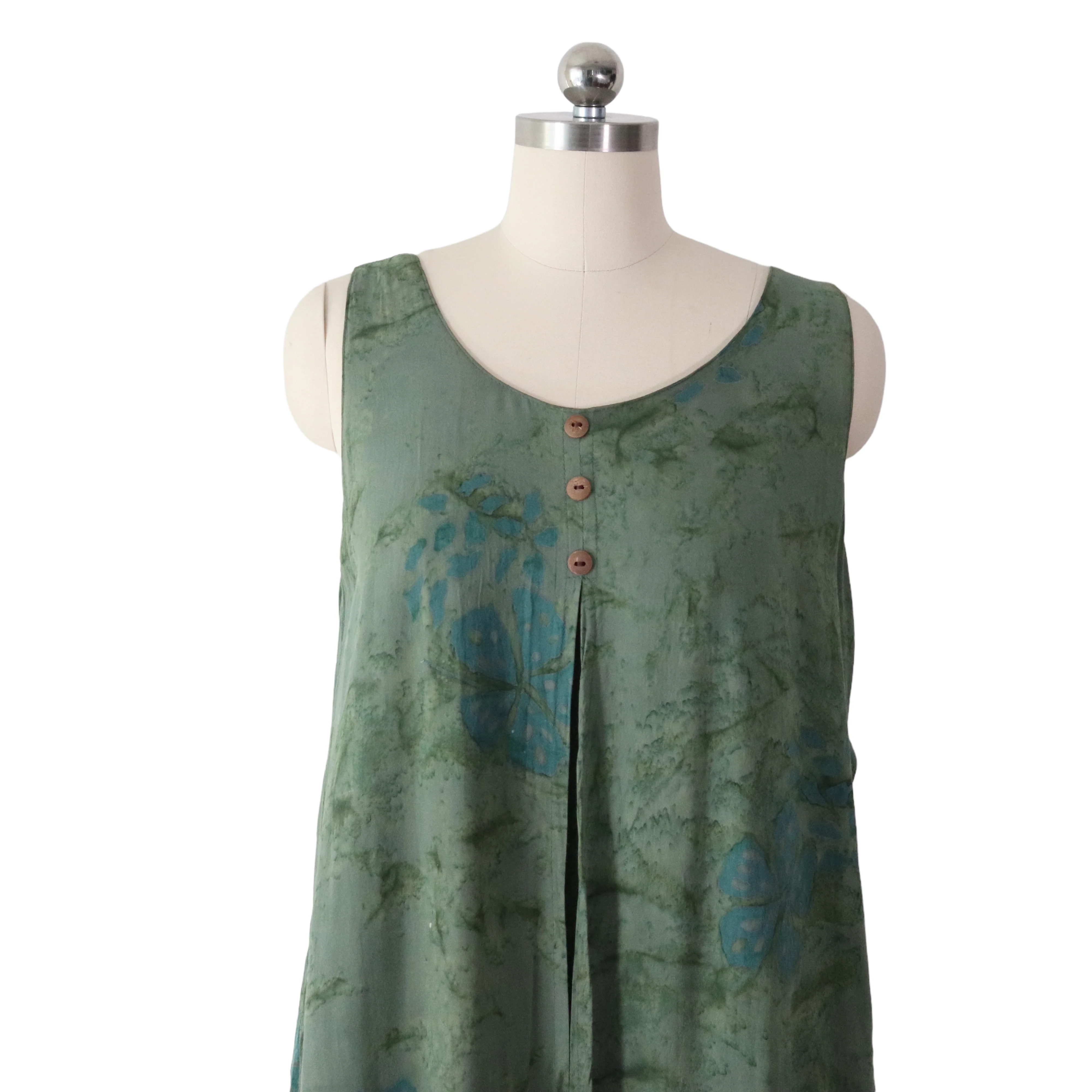 Layered Green Botanical Batik Shift Dress - Image 3