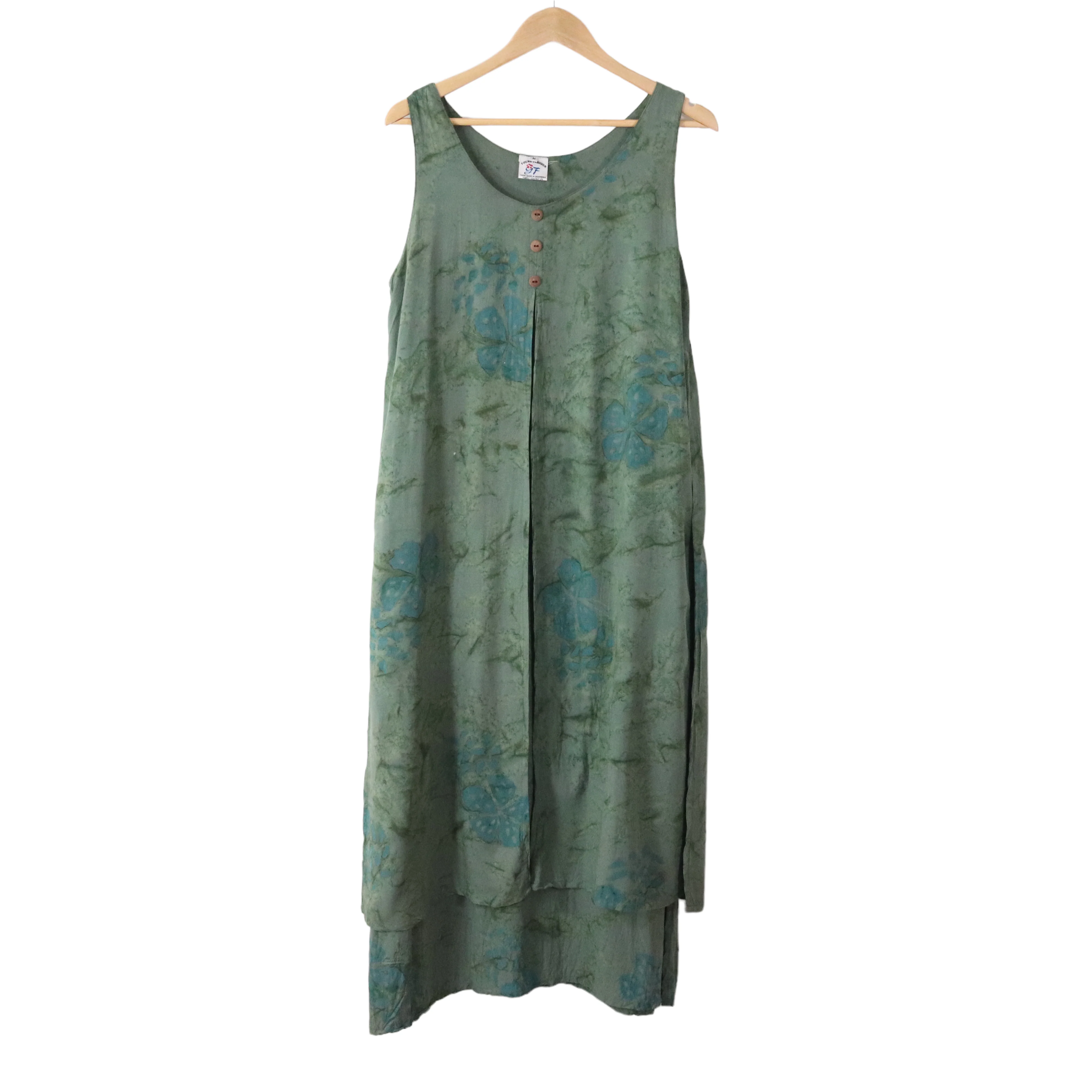 Layered Green Botanical Batik Shift Dress - Image 6