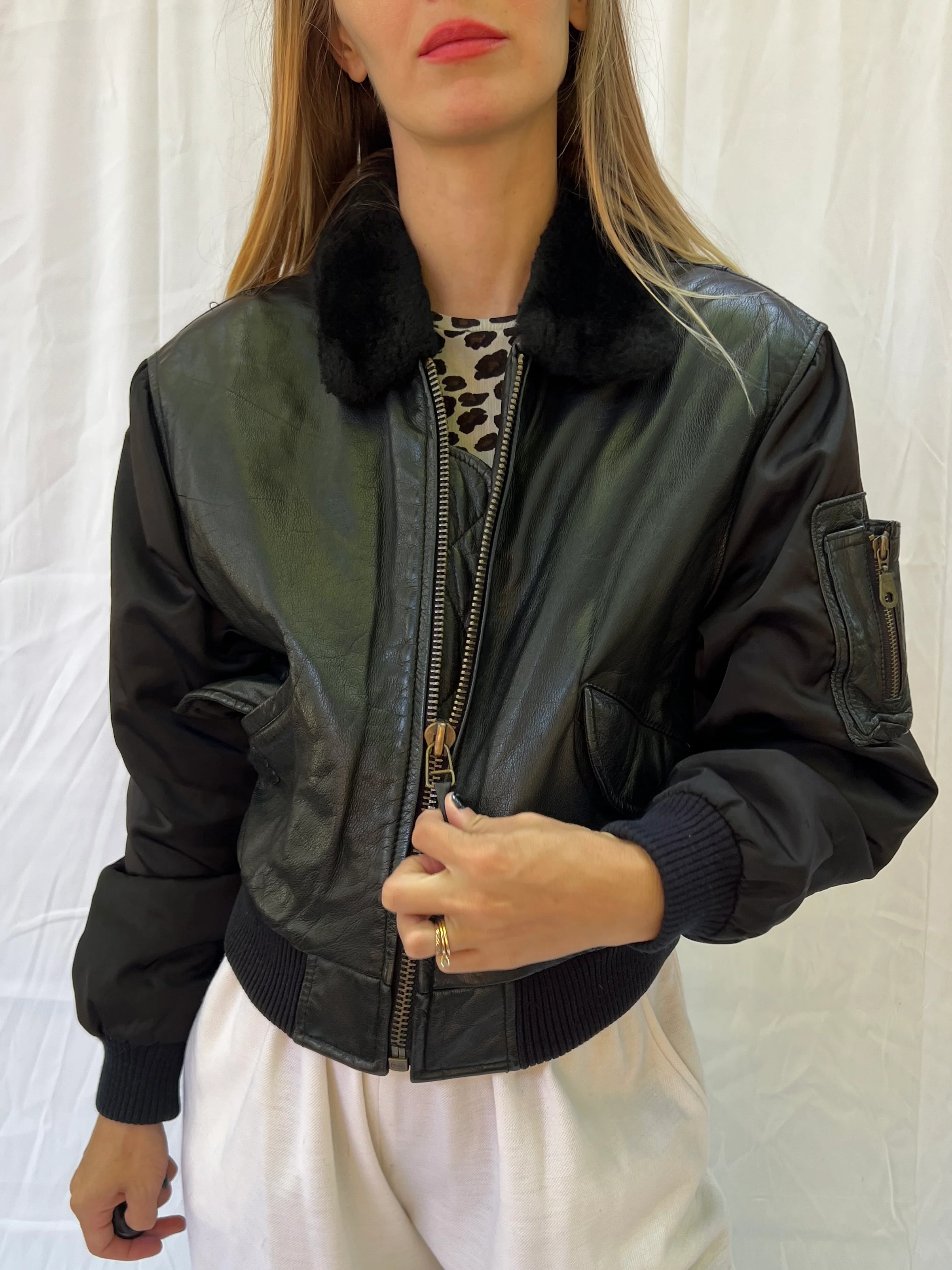 Leather Faux Fur Collared Bomber - Image 2