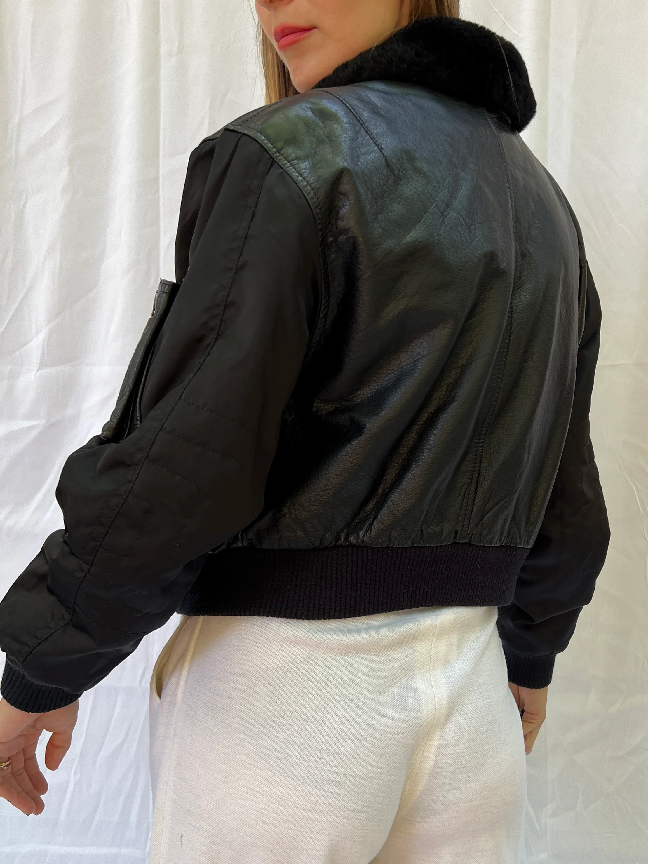 Leather Faux Fur Collared Bomber - Image 4