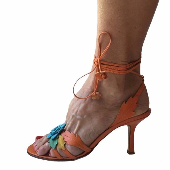 Leather Strappy Sandals Kitten Heel Suede Flowers Made In Italy Women Sz 9 by Isaac - Image 2