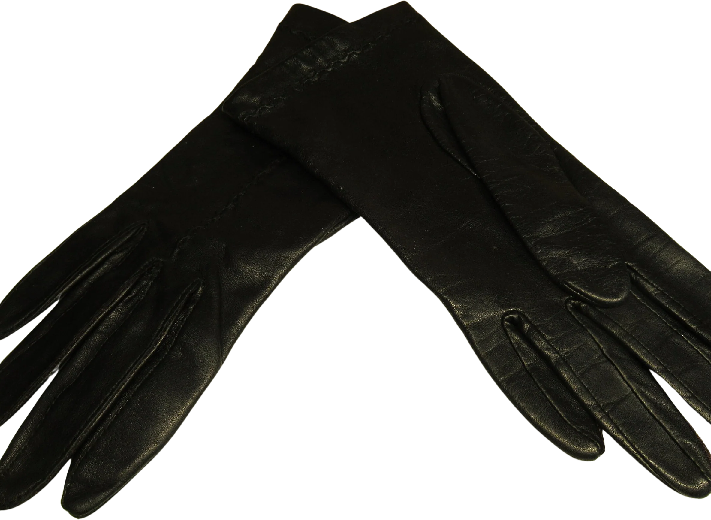 Leather Wrist Length Gloves Made In Philippines Wpl 9633 Black Fully Lined In Nylon Top Stitch Accents Classic Well Made Vintage